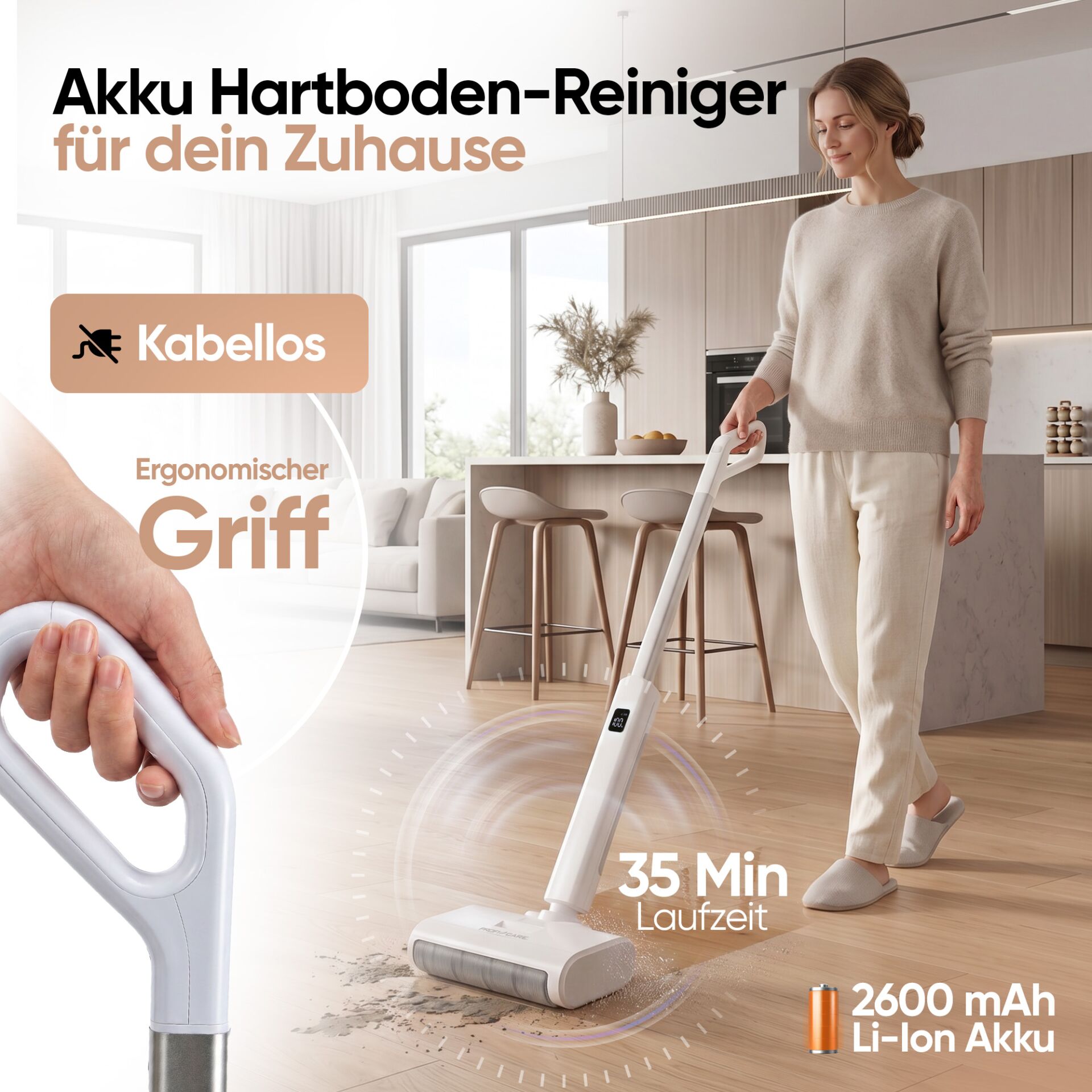Akku-Hartbodenreiniger, kabellos, ergonomischer Griff, Li-Ion-Akku, weißer Reiniger