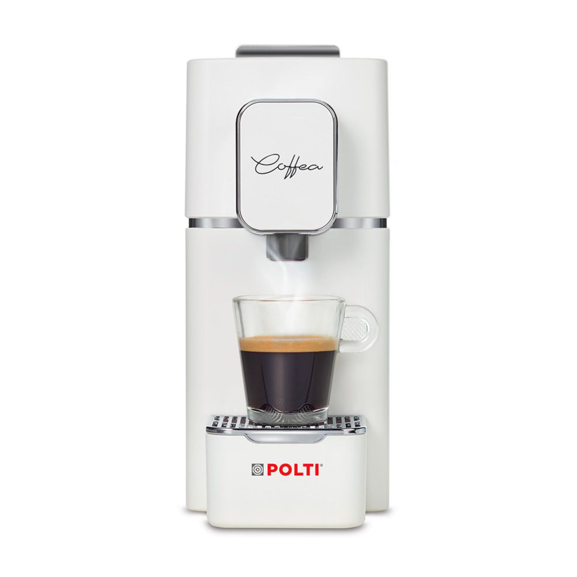 Kapselkaffeemaschine, weißes Gehäuse, Espressomaschine, Tassenablage, Kaffeeauslauf