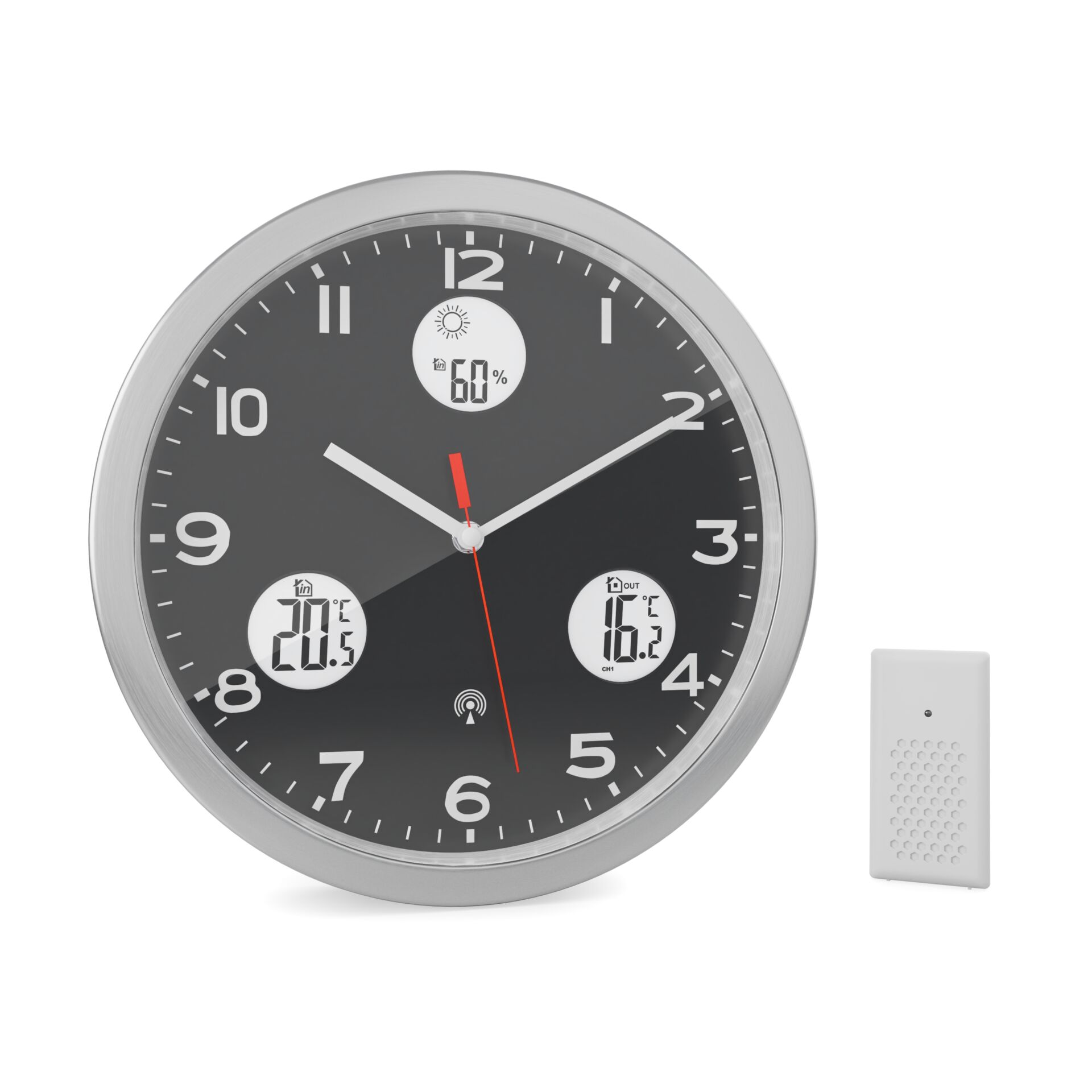 Wanduhr, Analoguhr, Schwarzes Zifferblatt, Silberrahmen, Sensor