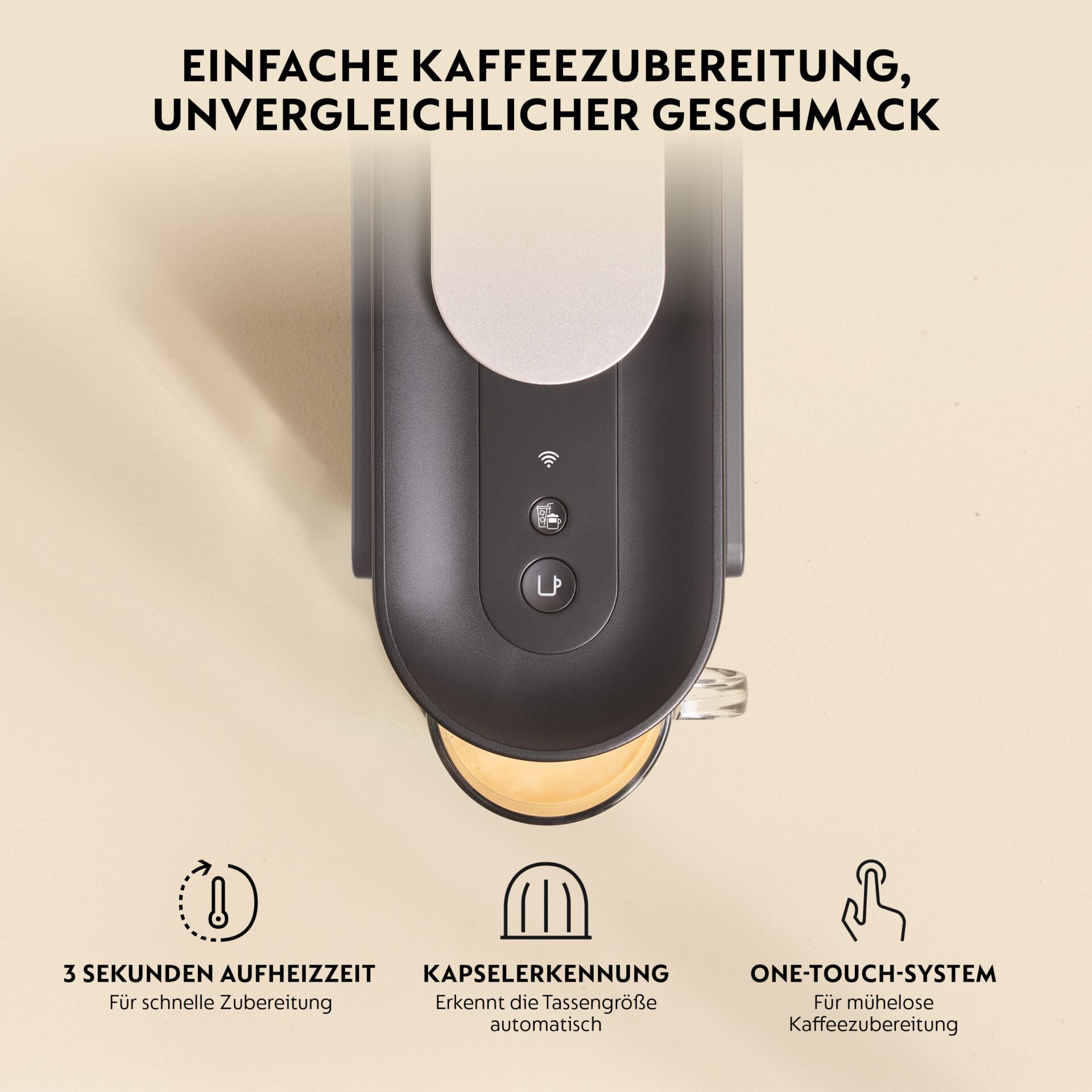 Kaffeemühle, Kaffeezubereitung, Kapsel-Erkennung, One-Touch-System, 3 Sekunden Aufheizzeit