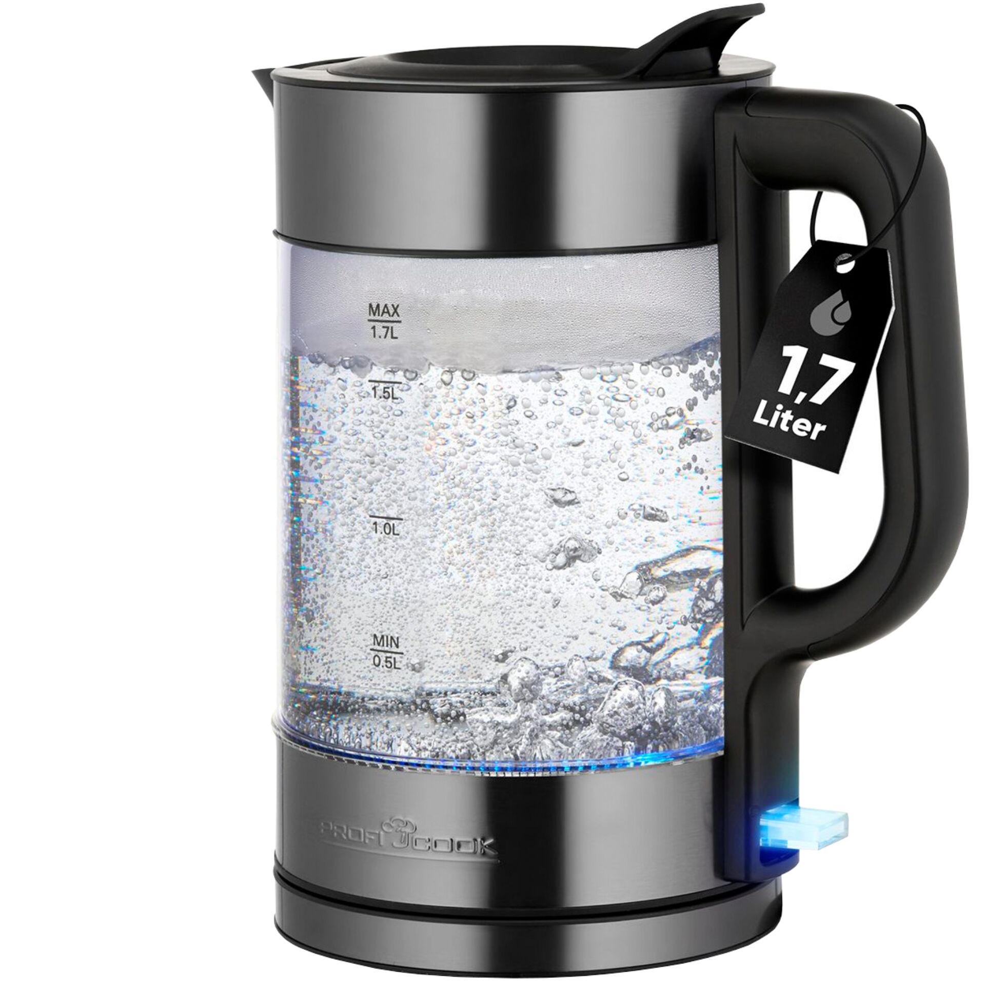 Wasserkocher, Glasbehälter, 1,7 Liter, Kabelzugang?, Schnellkochend
