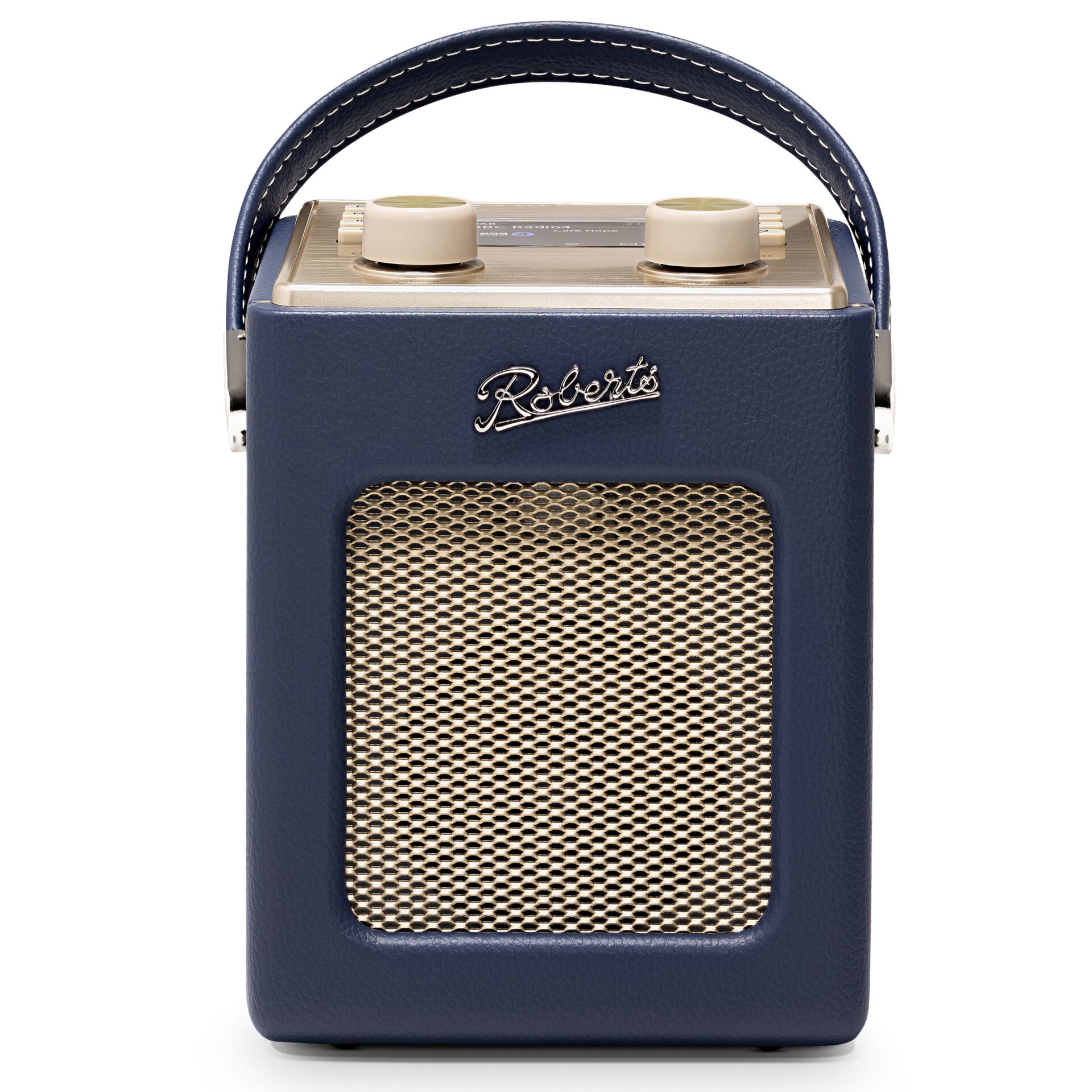 Tragbares Radio, Dunkelblaues Gehäuse, Lederoptik, Metallgitter, Tragegriff