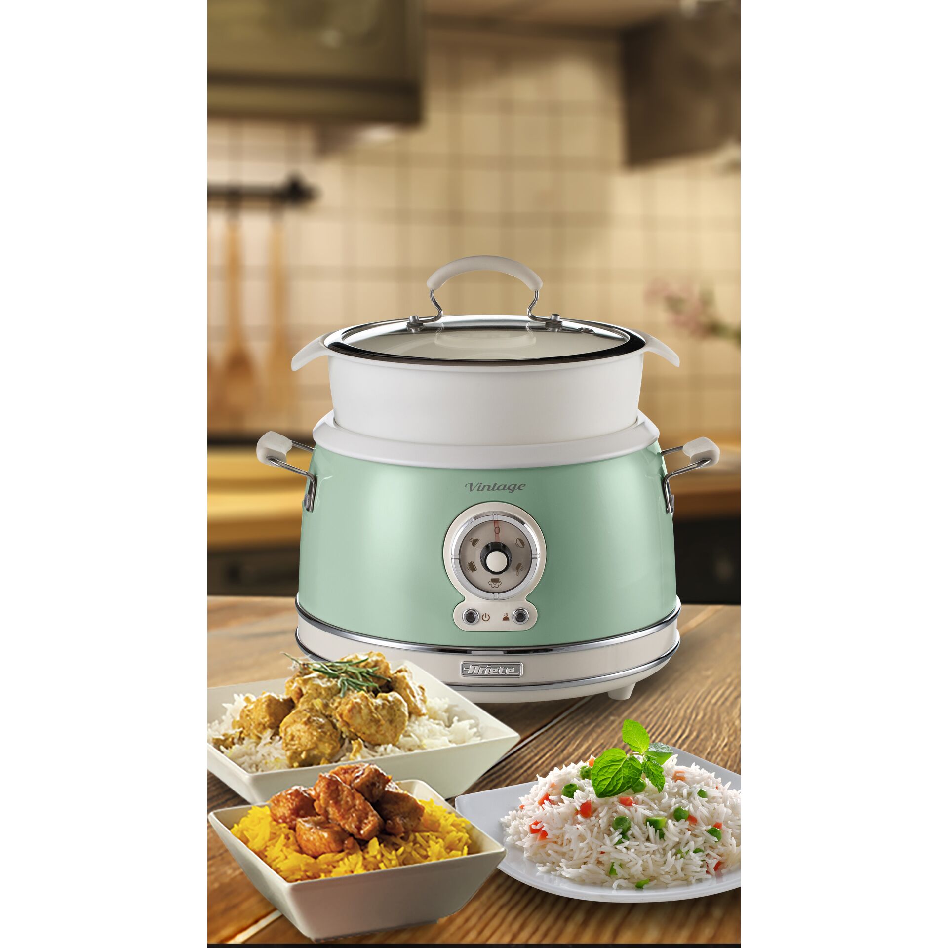 Slowcooker, Vintage, Mintgrün, Edelstahlrand, Glasdeckel