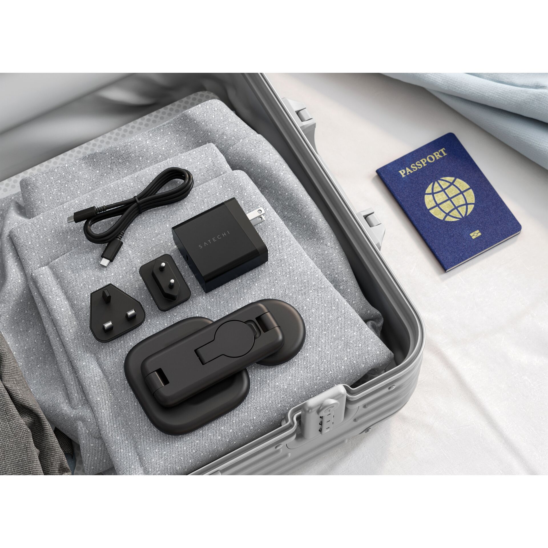 Kompakt Reiseladegerät, USB-C Kabel, Schwarz, Reiseladestation, Kofferzugang Zubehör