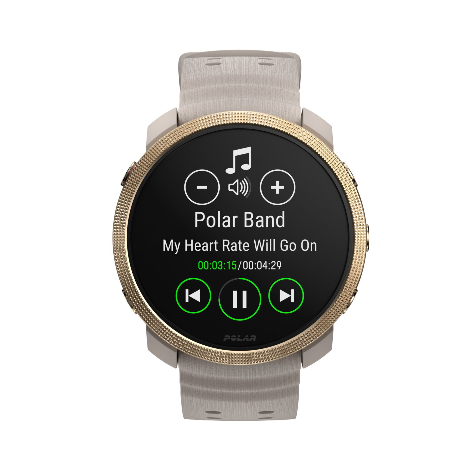 Smartwatch, runderes Display, Goldene Lünette, Beige Armband, digitale Anzeige