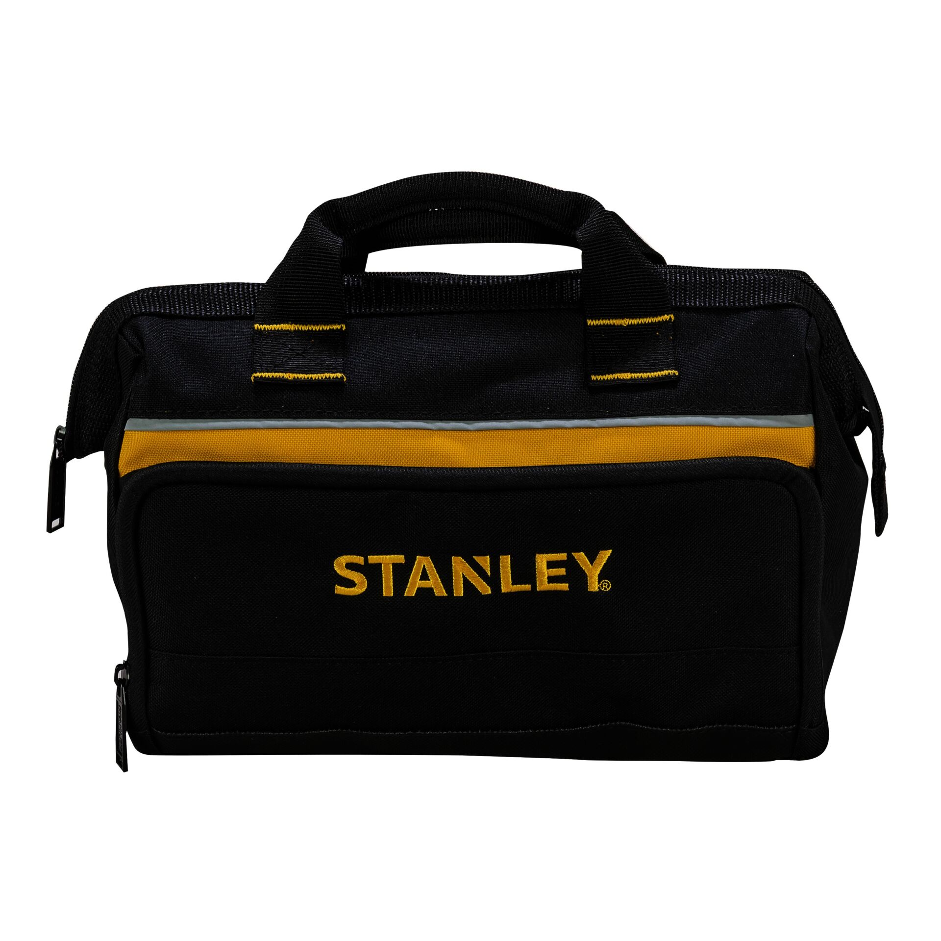 Werkzeugtasche, schwarz, gelbe Streifen, Tragegriff, Stanley-Logo
