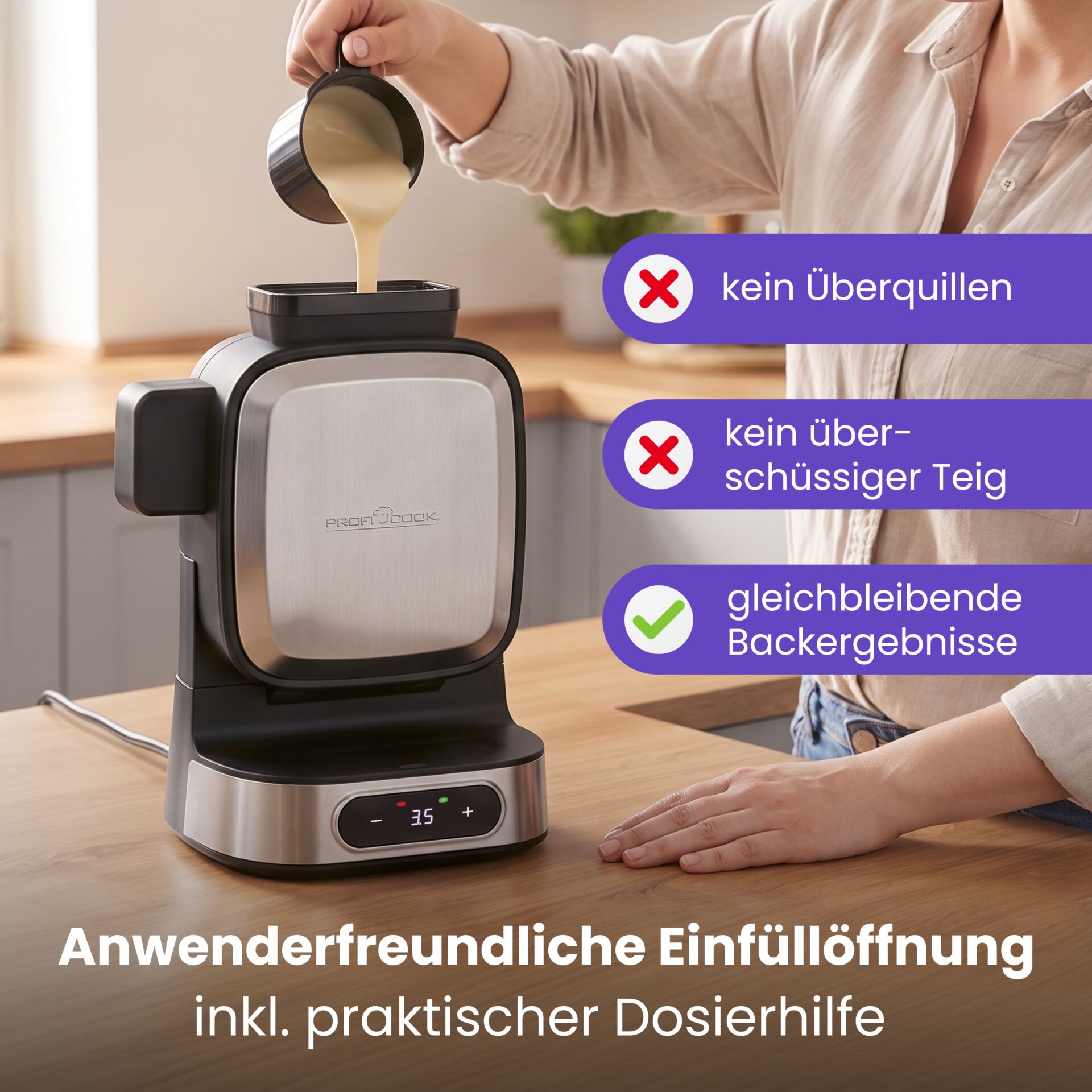 Waffeleisen, Edelstahlgehäuse, Dosierhilfe, digitale Anzeige, Einfüllöffnung