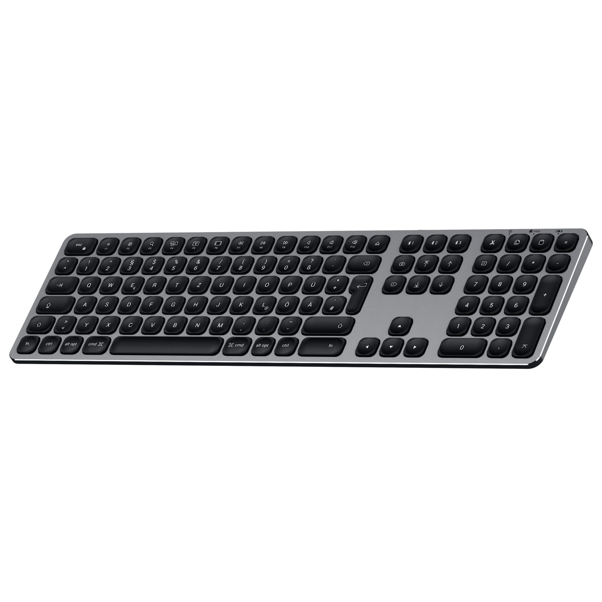 Tastatur, QWERTZ, Kabellose Tastatur, Standardgröße, Rückseite Silbern, Tastatur, QWERTZ-Layout, Schwarz, Kabellose Tastatur, Kunststoff, flaches Design