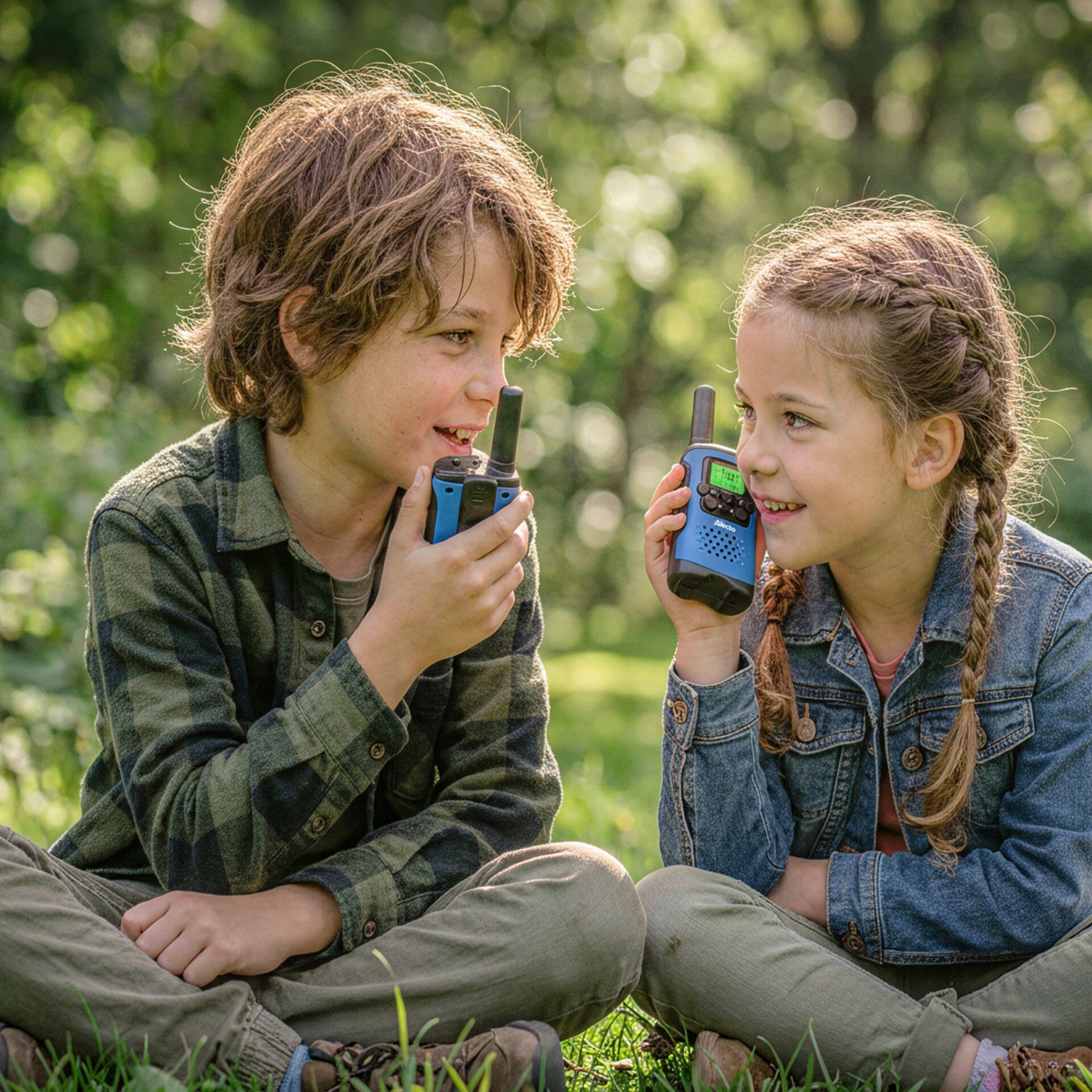 kinder, funksprechgeräte, walkie-talkie, outdoor, denimjacken