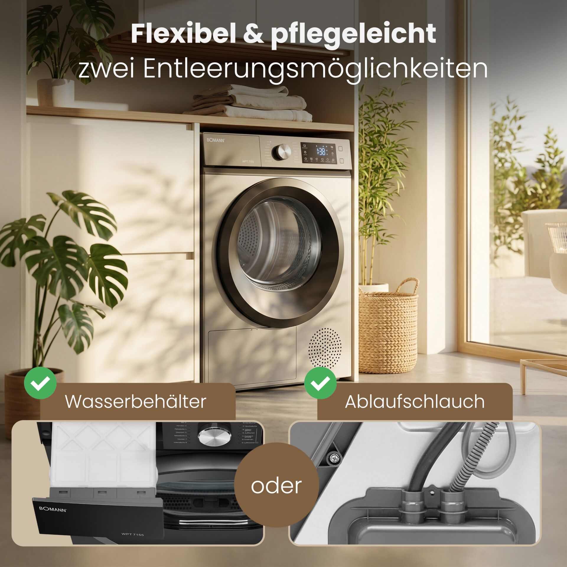 Wäschetrockner, Frontlader, Wasserbehälter, Ablaufschlauch, Edelstahl-Trommel