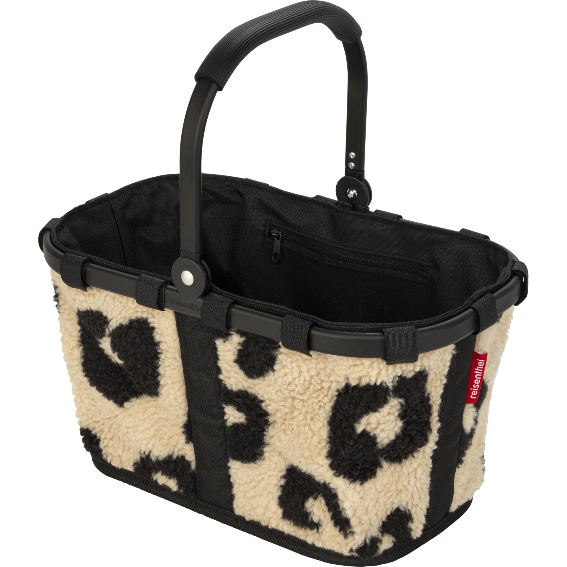 Faux shearling, Leopard print, Basket bag, Carry handle, Zipper pocket