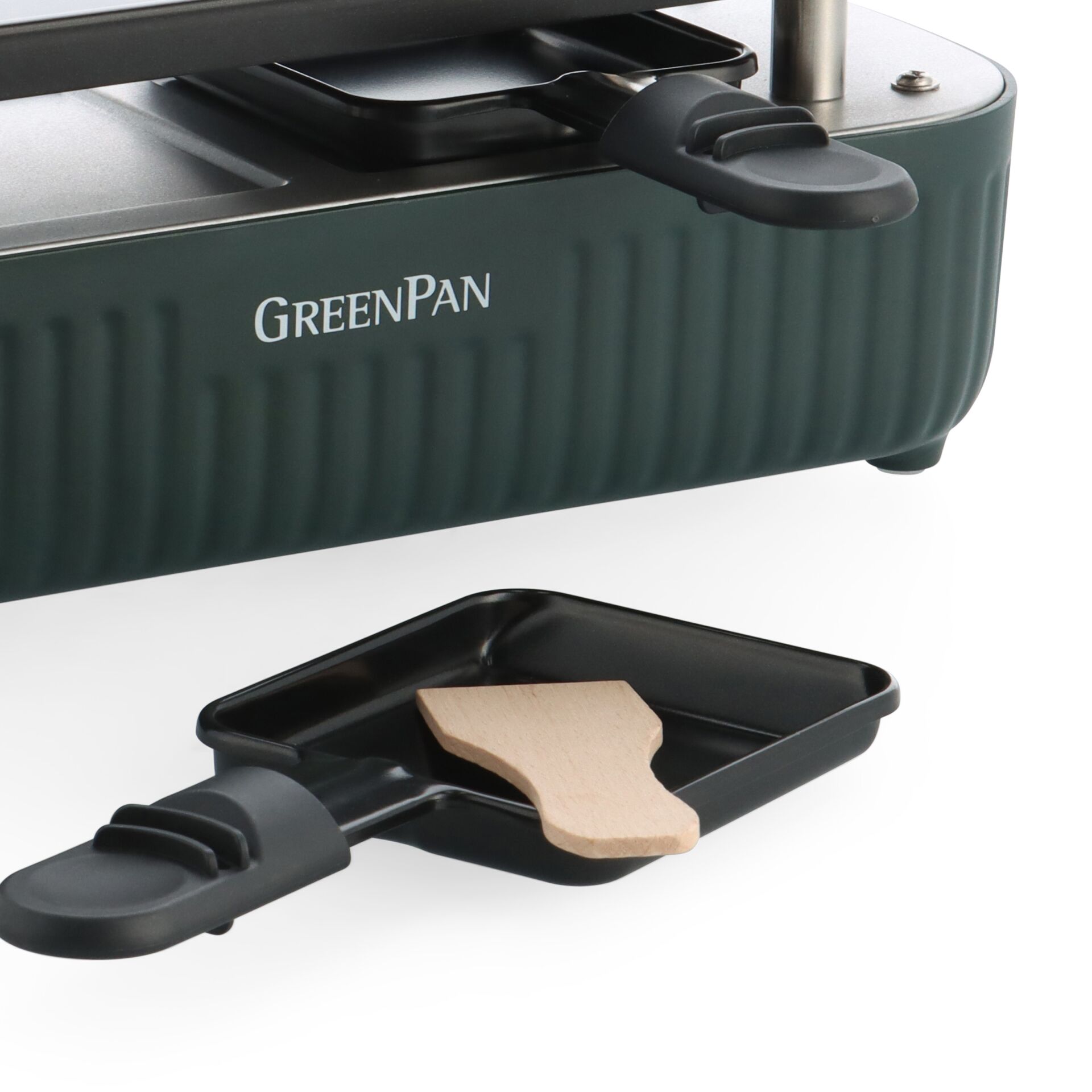 Raclette-Grill, dunkelgrün, gerippte Oberfläche, Grillplatte, Raclette-Pfännchen