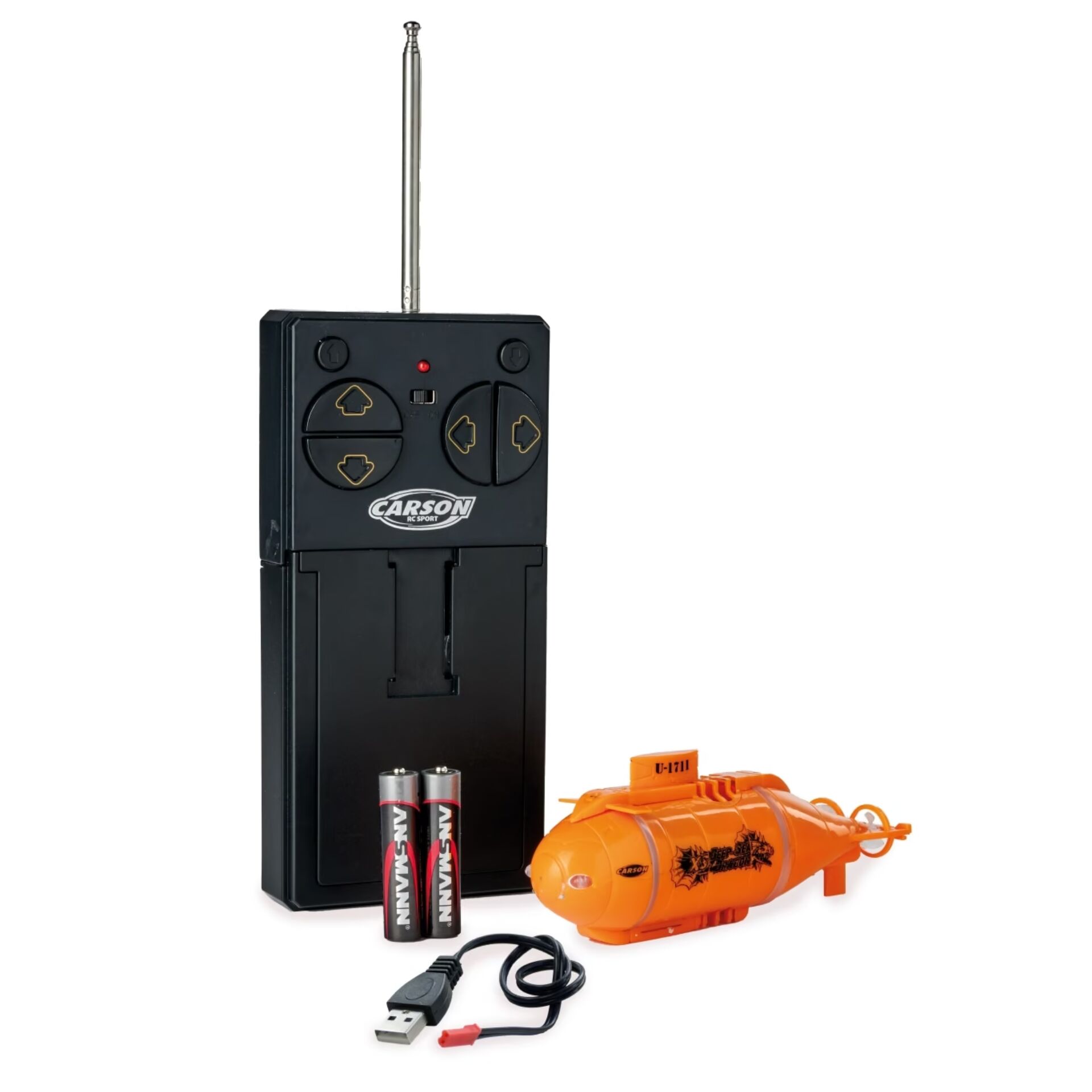 Ferngesteuertes Unterwasser-Raketensystem,  Funkfernbedienung,  Batterien,  USB-Ladeanschluss,  Orange-U-Boot