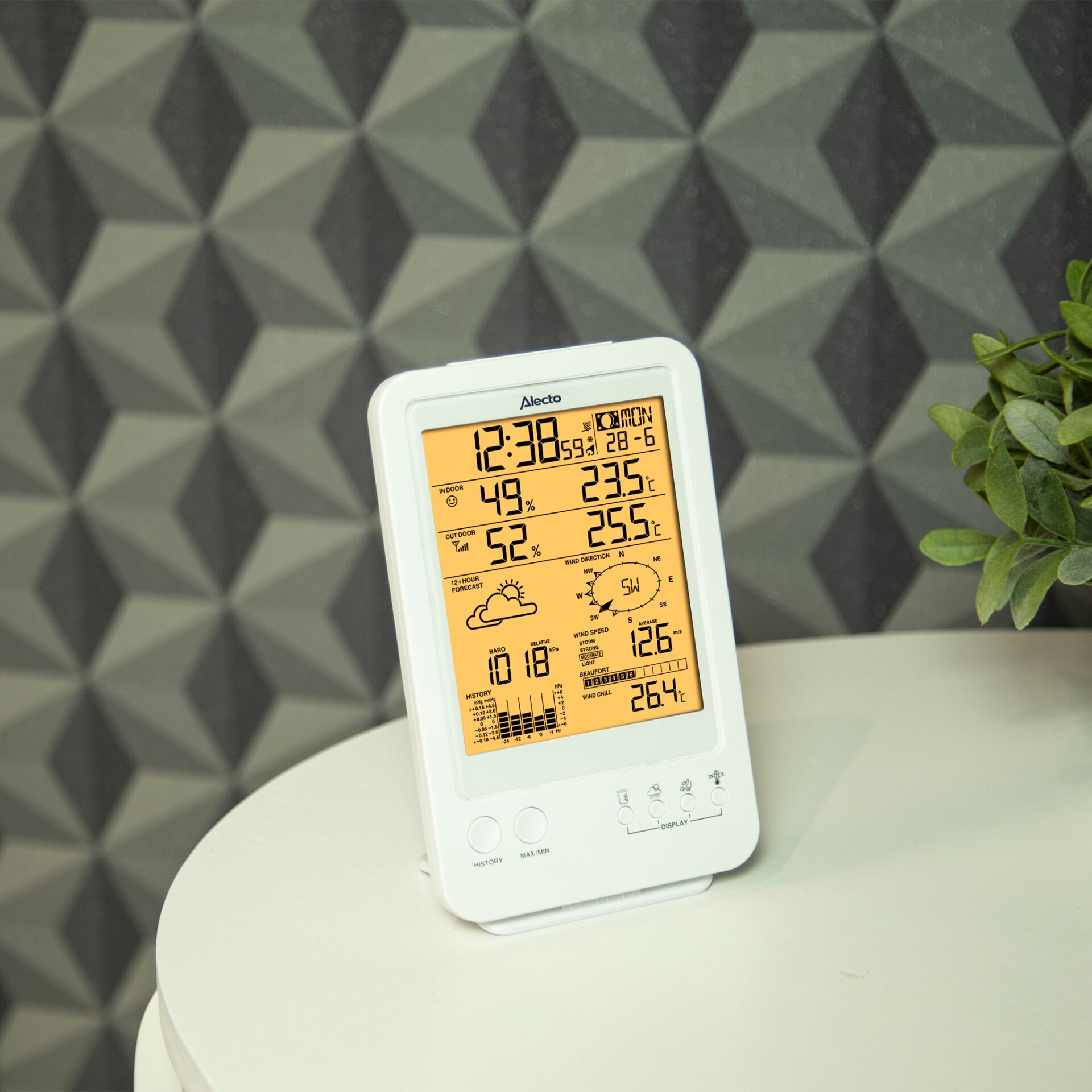 Digitale Wetterstation, Vorhersage-Uhr, In- und Outdoor-Sensoren, Weißer Rahmen, LCD-Display