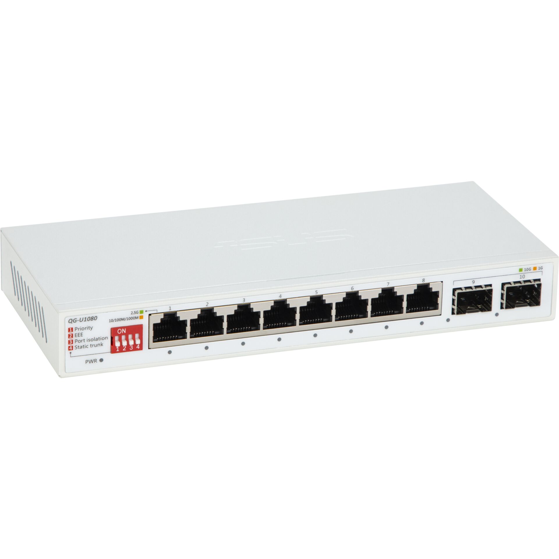 Netzwerk-Switch, weißer Switch, Ethernet-Anschlüsse, SFP-Ports, Rackgerät, Netzwerk-Switch, 8-Port-Switch, Ethernet, SFP-Ports, Weißes Gehäuse