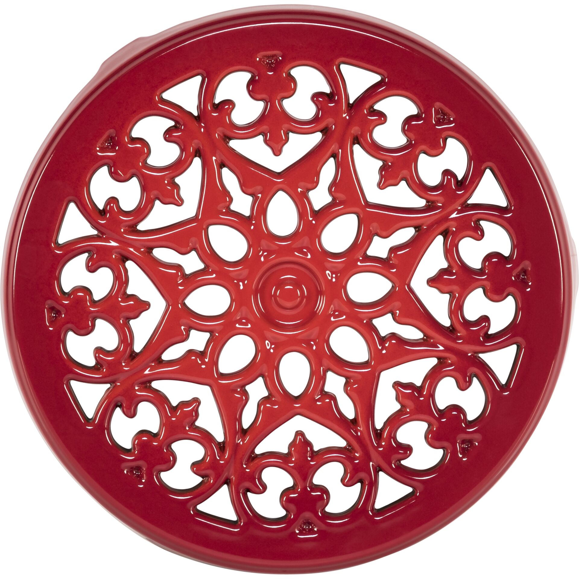 runder teller, rote farbe, aufwendig gemustert, Ausstanzung, Dekoteller