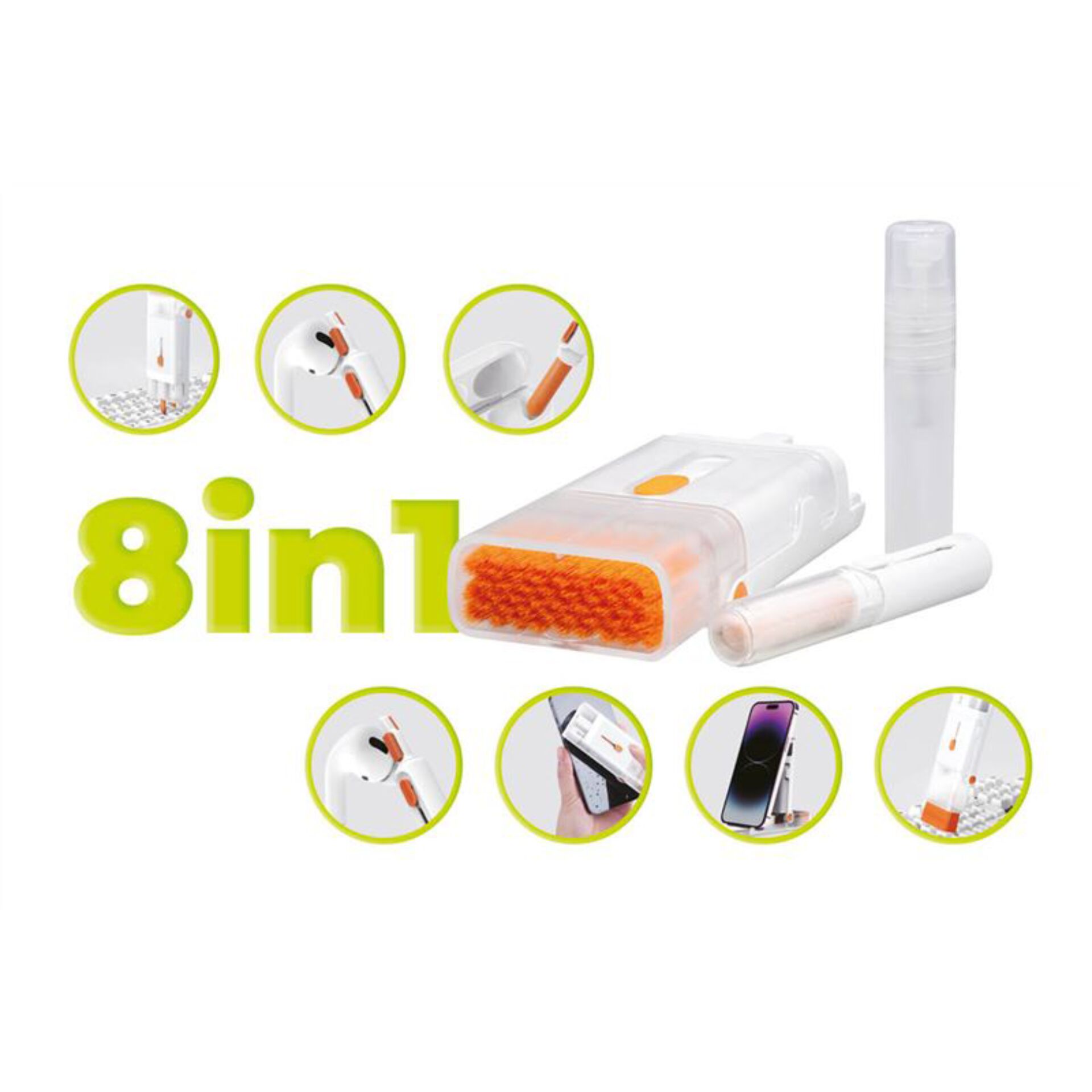 8in1, reinigungsbürste, wechselköpfe, orange borsten, tragbares set