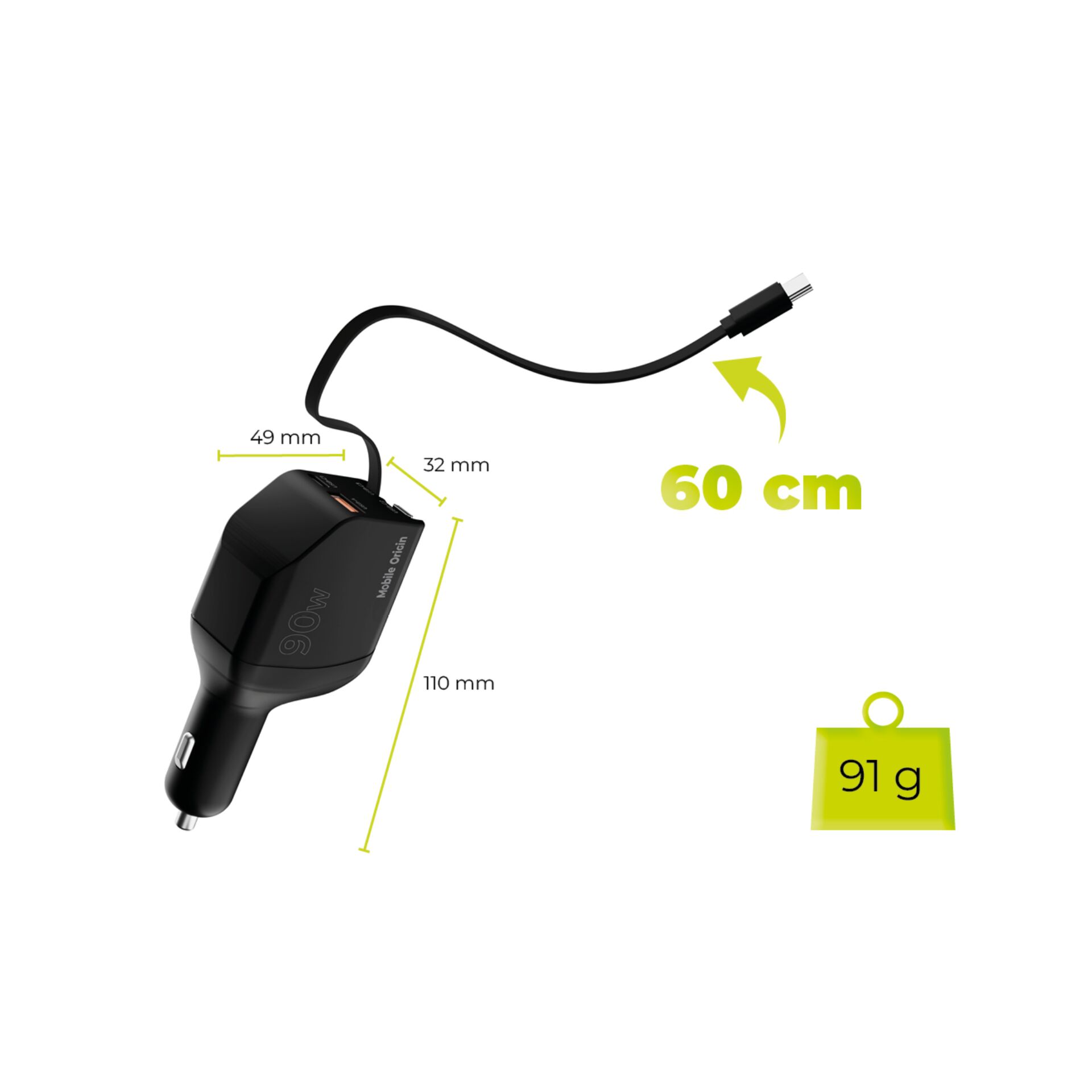 Kfz-Ladegerät, Powerbank, USB-C Ladegerät, Kfz-Adapter, Kabellänge 60 cm