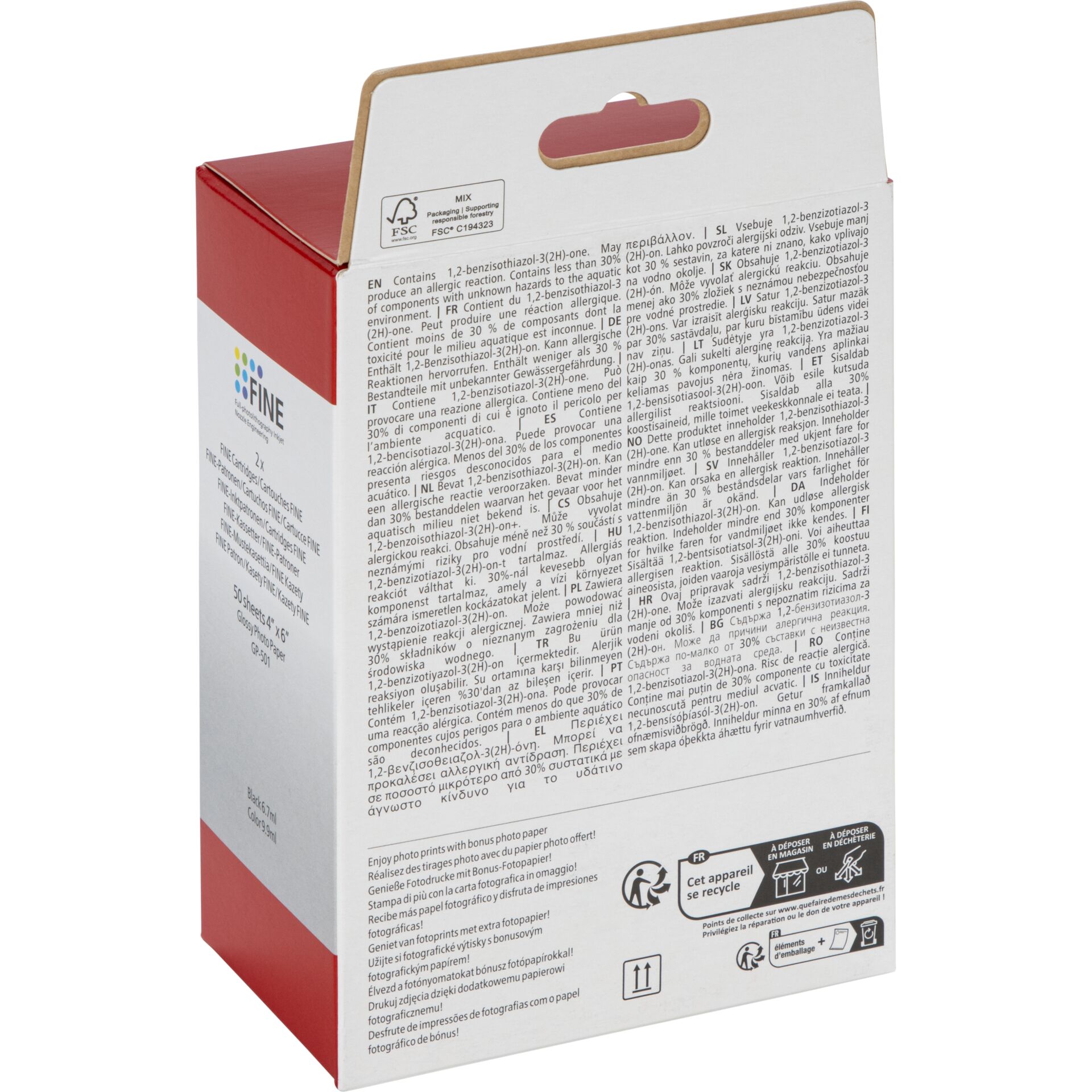 Kartonverpackung, Fotopapier, Rückseite Text, Pappe Kiste, FSC Logo