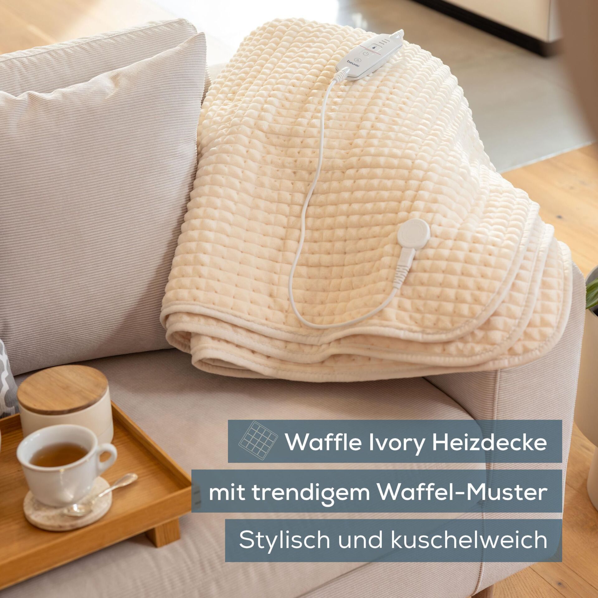 Waffle-Decke, Heizdecke, Kuscheldecke, Waffelmuster, Stromkabelanschluss