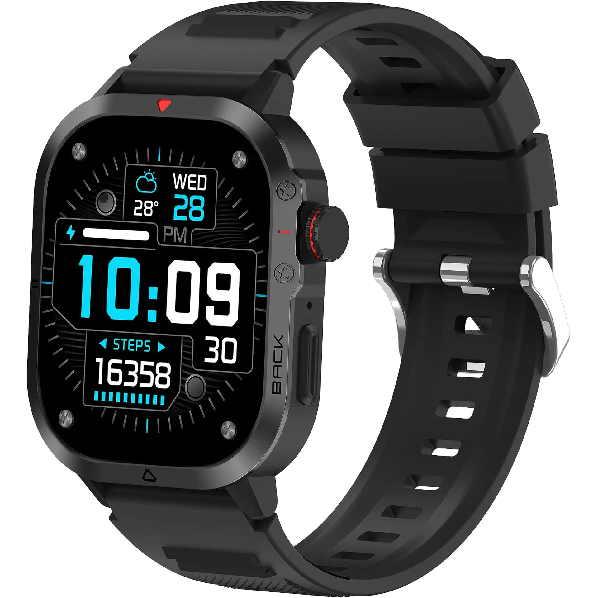 smartwatch, digital display, black strap, square face, buttons on side