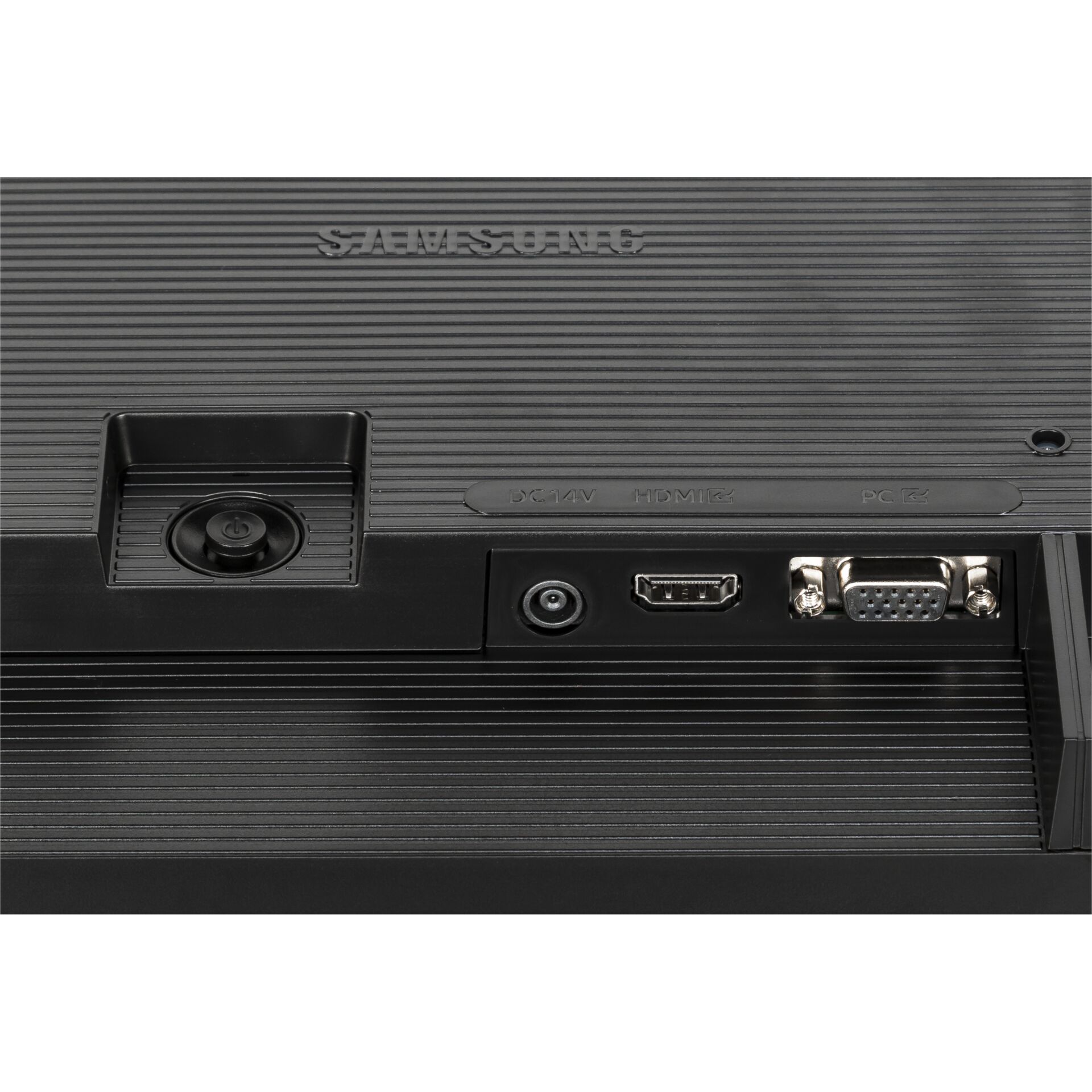 monitor, hinterseite, anschlüsse, VGA, HDMI, DC12V, stromeingang, runder netzschalter, USB, rückseite