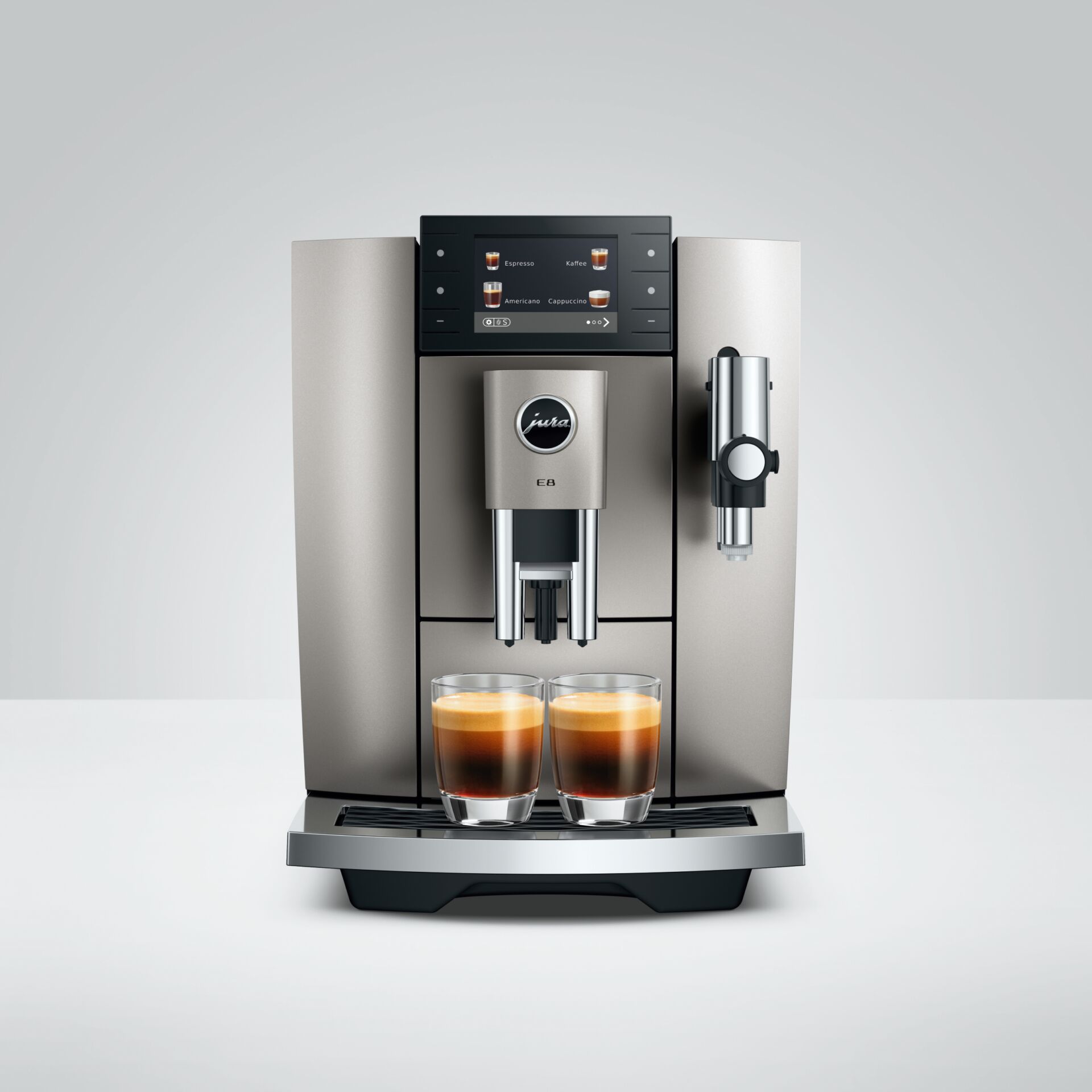 Kaffeemaschine, Espressoautomat, Titanium, Brühautomat, zwei Gläser Kaffee