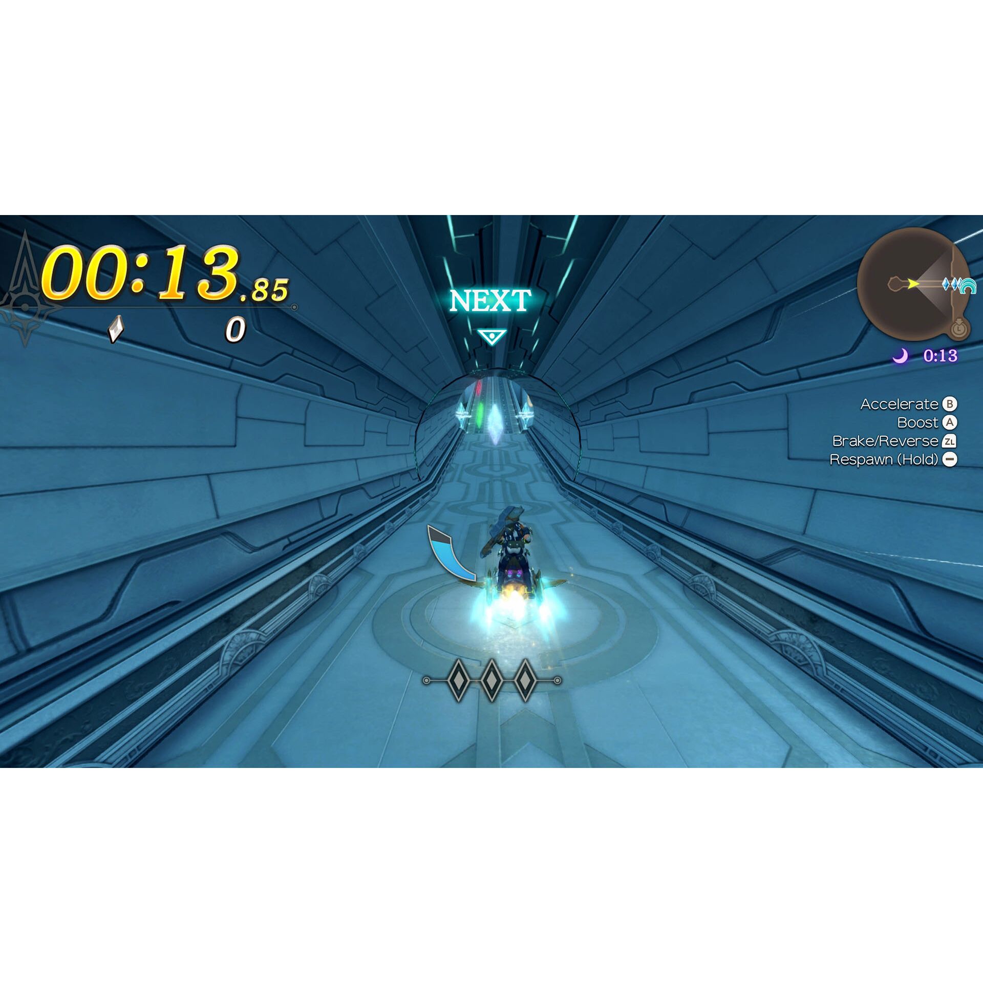 Speedrun, Jet-Scooter, Tunnelrennen, Blaues Leuchten, HUD Benutzeroberfläche