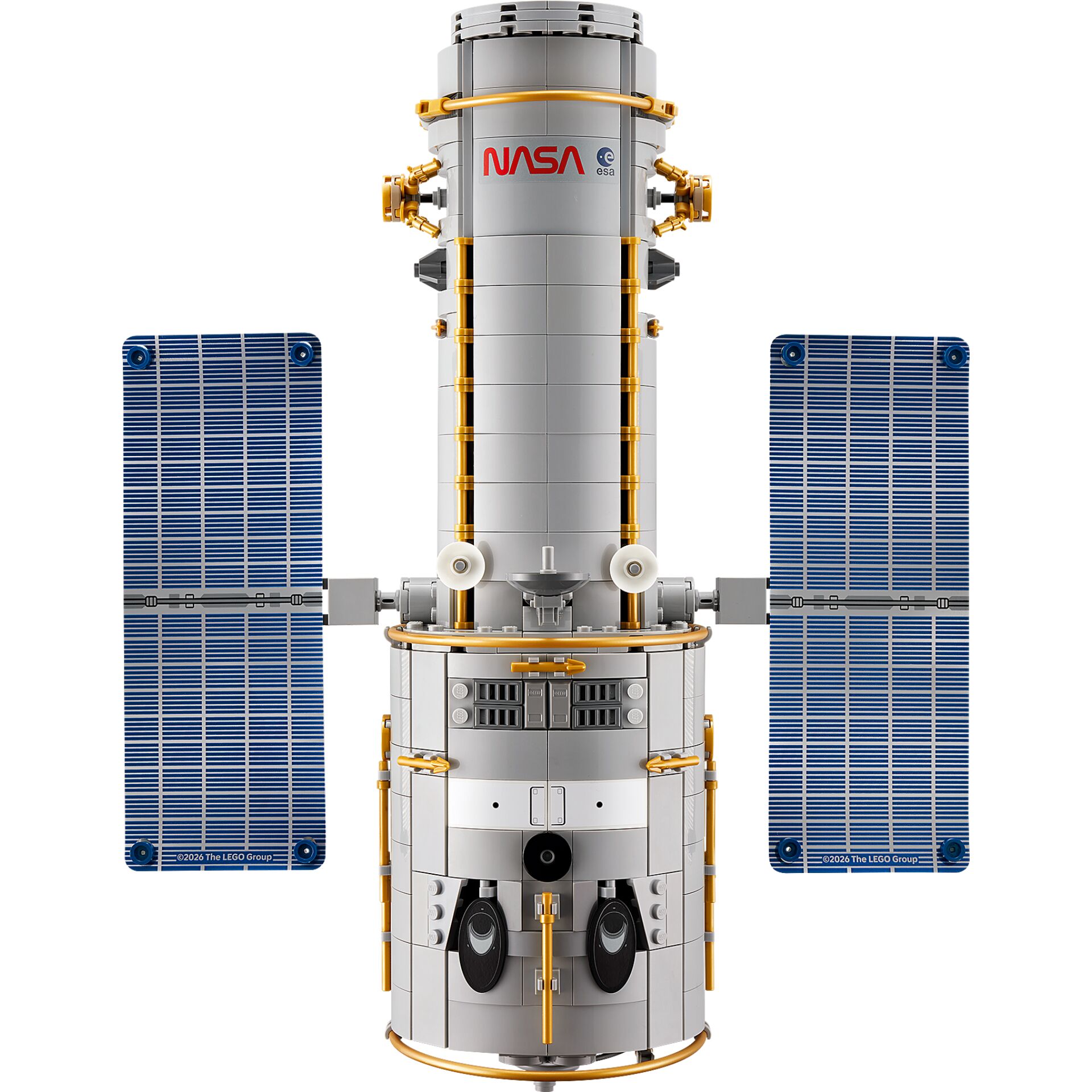  Satellit, Raumschiff, gestapelter Zylinder, Solarmodule, NASA Logo
