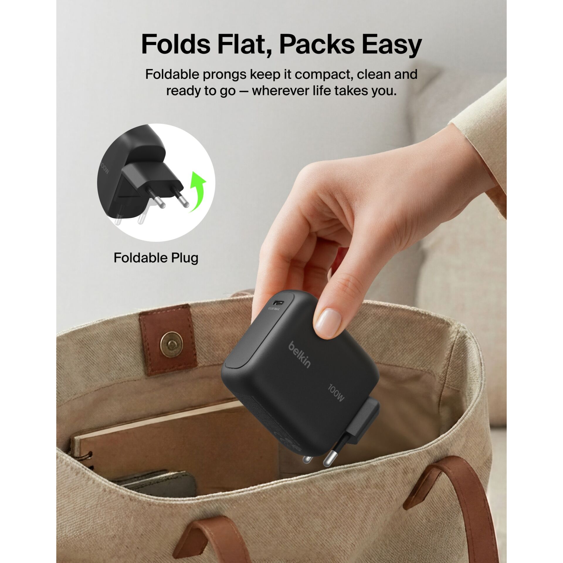 Kompaktadapter, Reiseladegerät, USB-C Port, 100W-Ausgang, Foldbarer Stecker