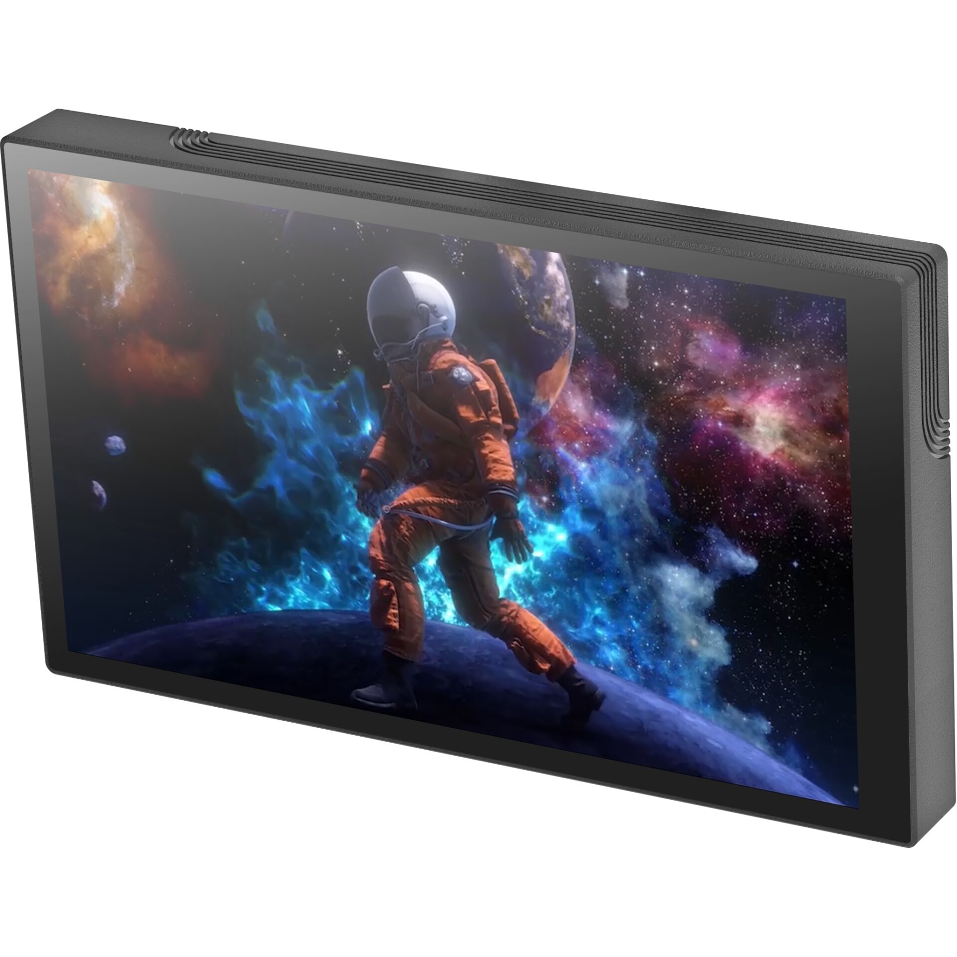 digital display, astronaut, space scene, tablet monitor, framed screen