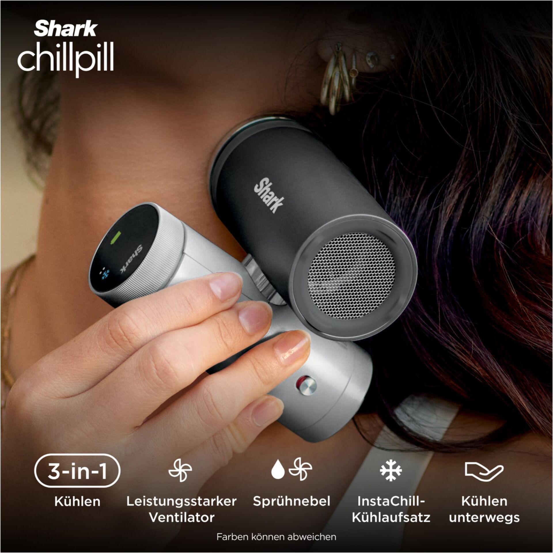 3-in-1, Kühlung, Ventilator, Sprühnebel, InstaChill-Kühlaufsatz