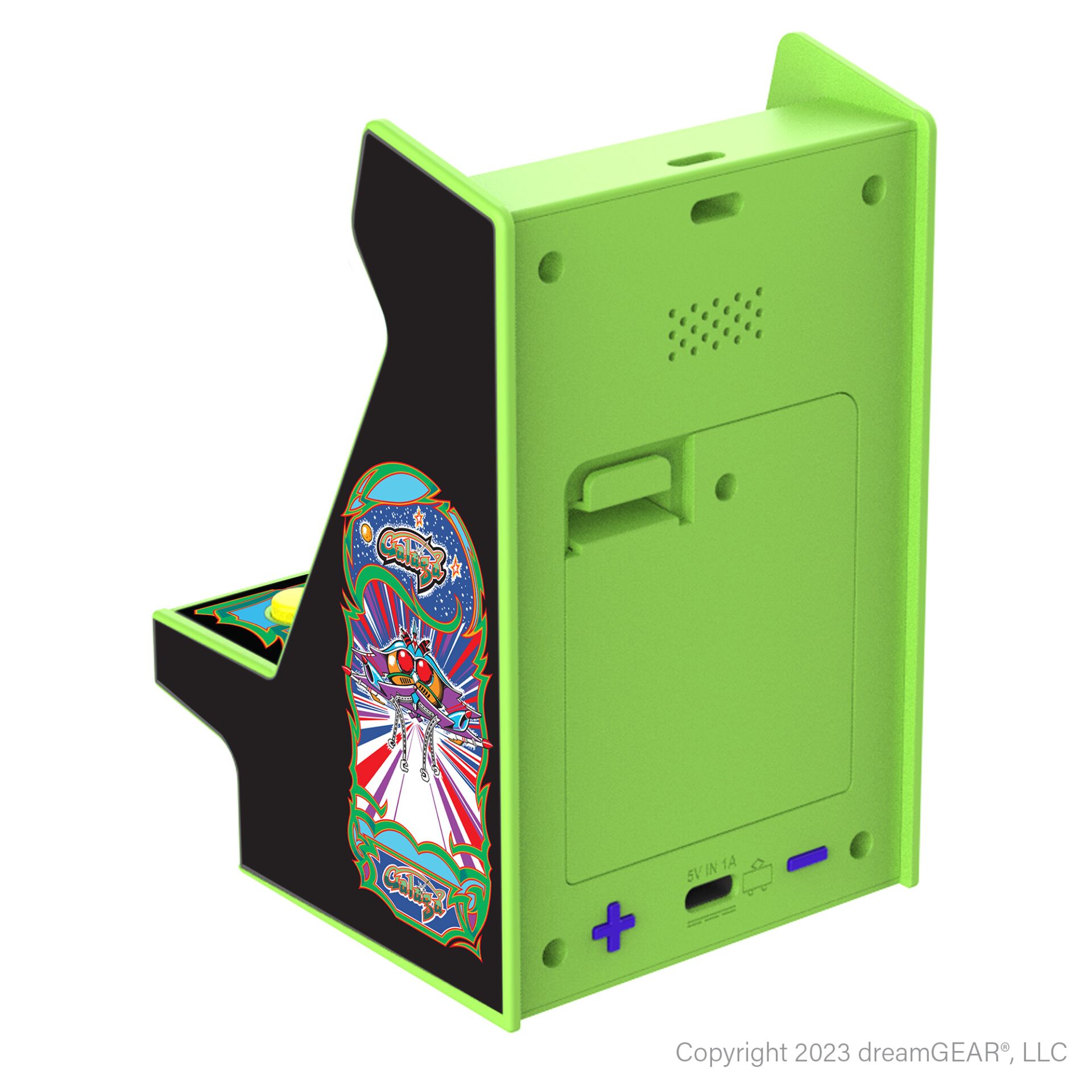 arcade cabinet, mini arcade, grün farbe, kartenslot, lautsprechergitter