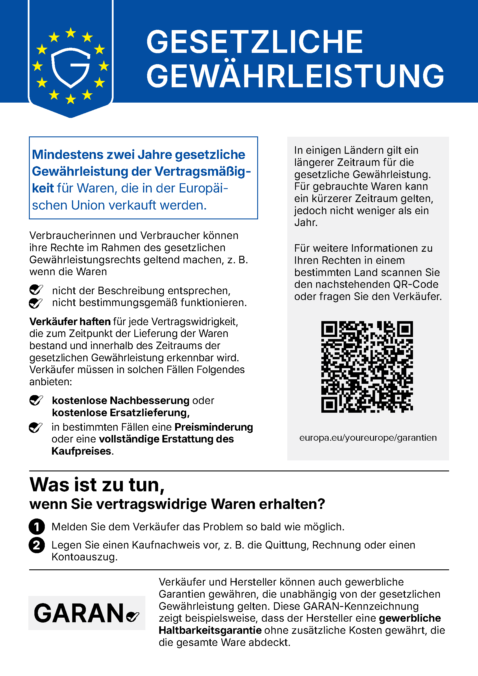 Garantee card, EU guarantee, Seller information, QR code, Guarantee terms