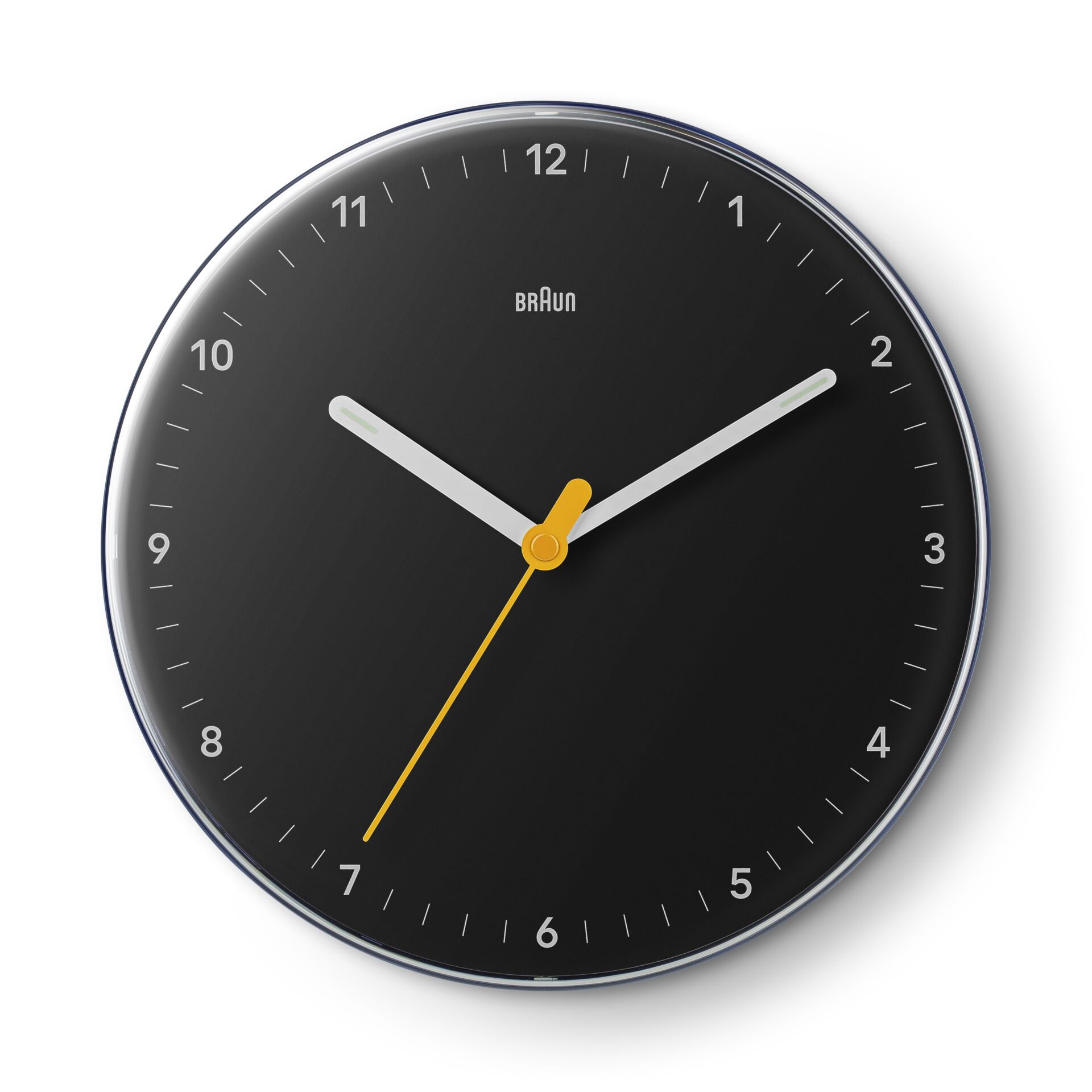 Uhr, Wanduhr, schwarzer Zifferblatt, Metallrand, Minutenmarken