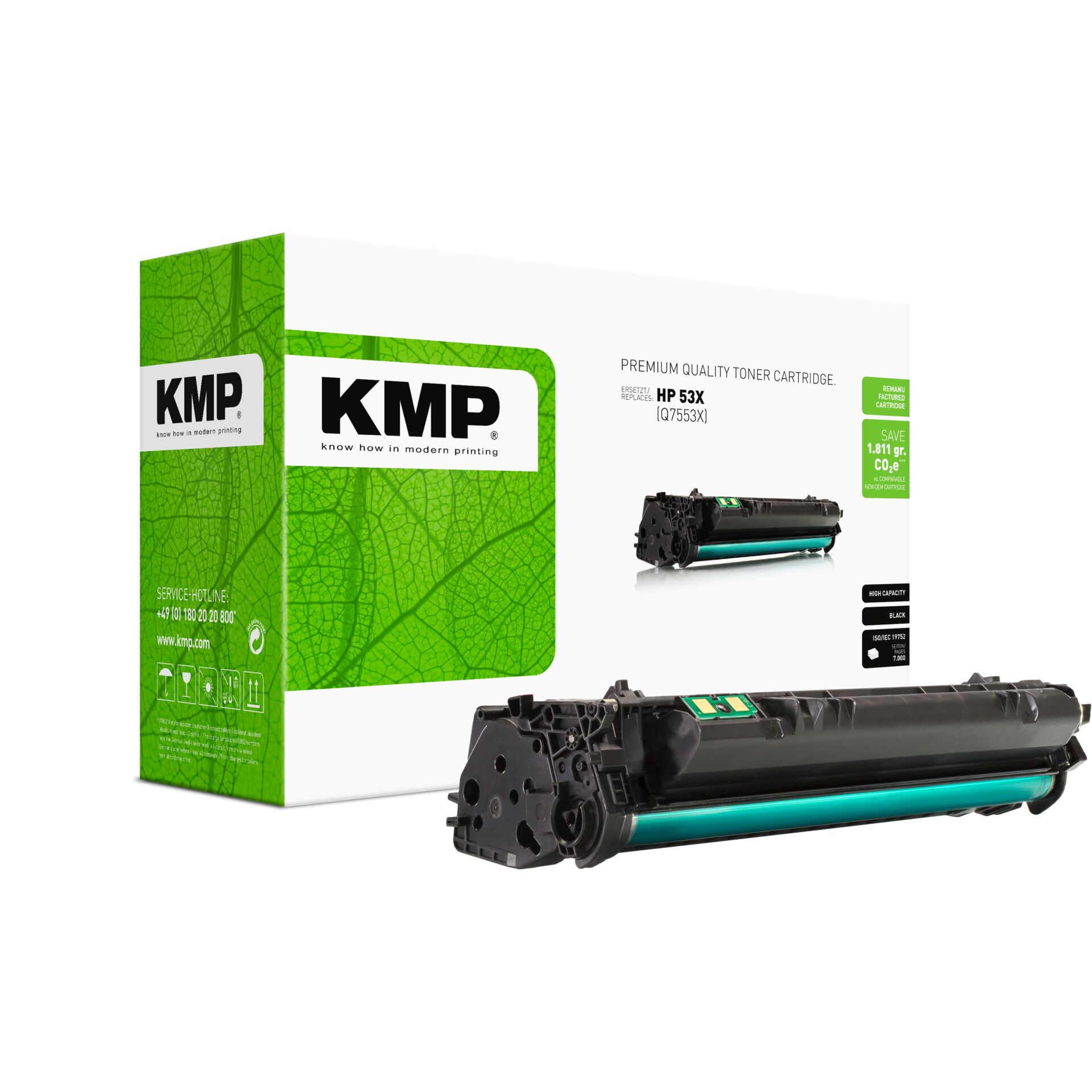 Computerausrüstung, Elektronik, Hardware, Werbung, Tonerpatrone, HP 53X, KMP, grüne Verpackung, schwarze Tonerpatrone