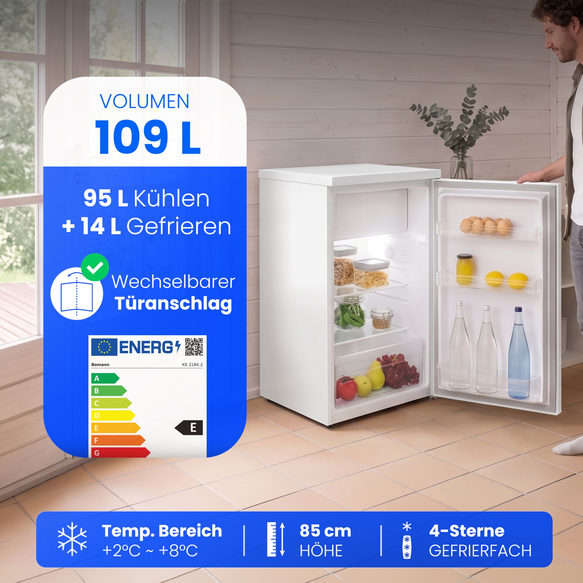 Kühlschrank mit Gefrierfach, Weiß, 109 Liter, Wechselbarer Türanschlag, 85 cm hoch