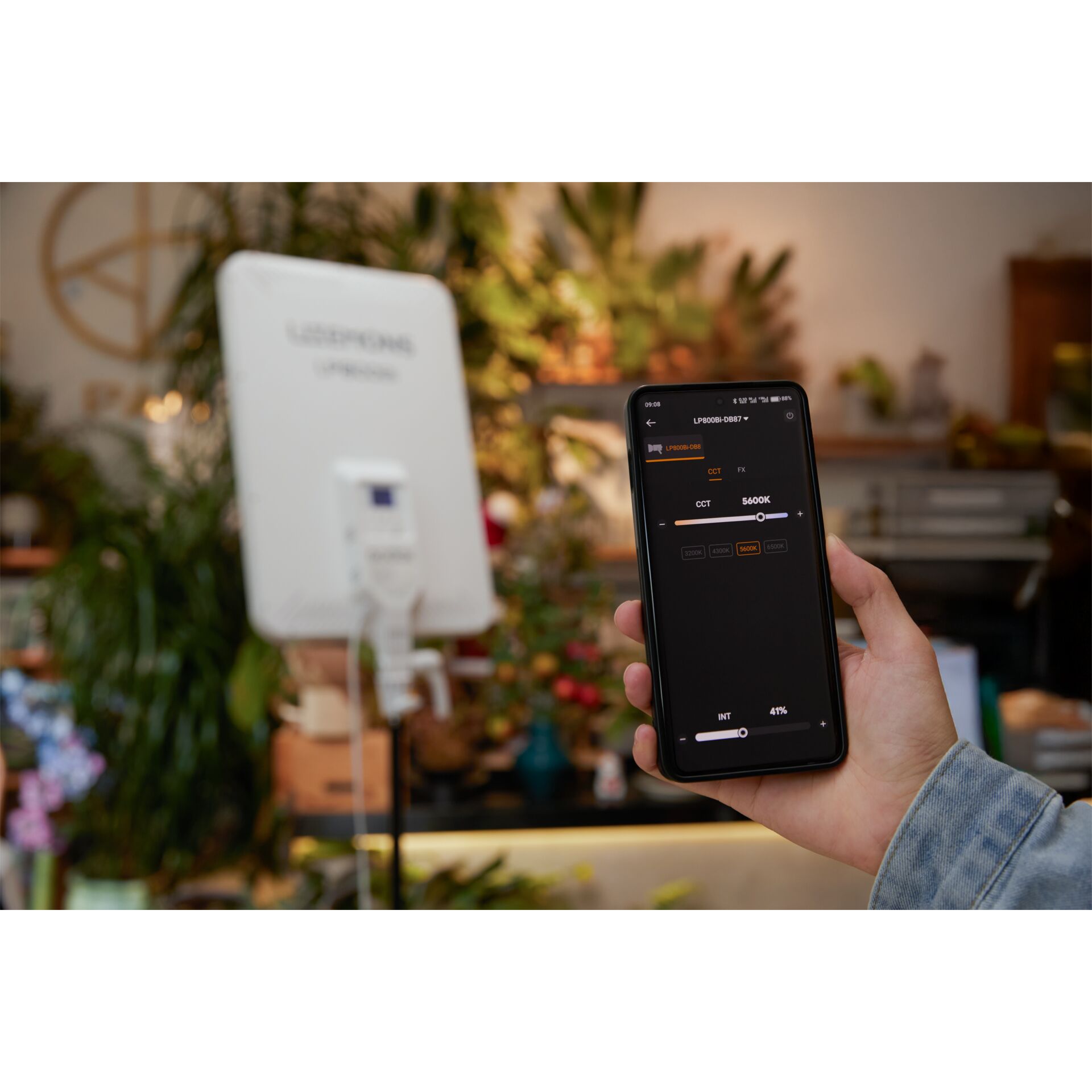 LED-Lampensteuerung, Smartphone-App, Dimmbares Licht, Farbtemperatur 5600K, Hand mit Smartphone