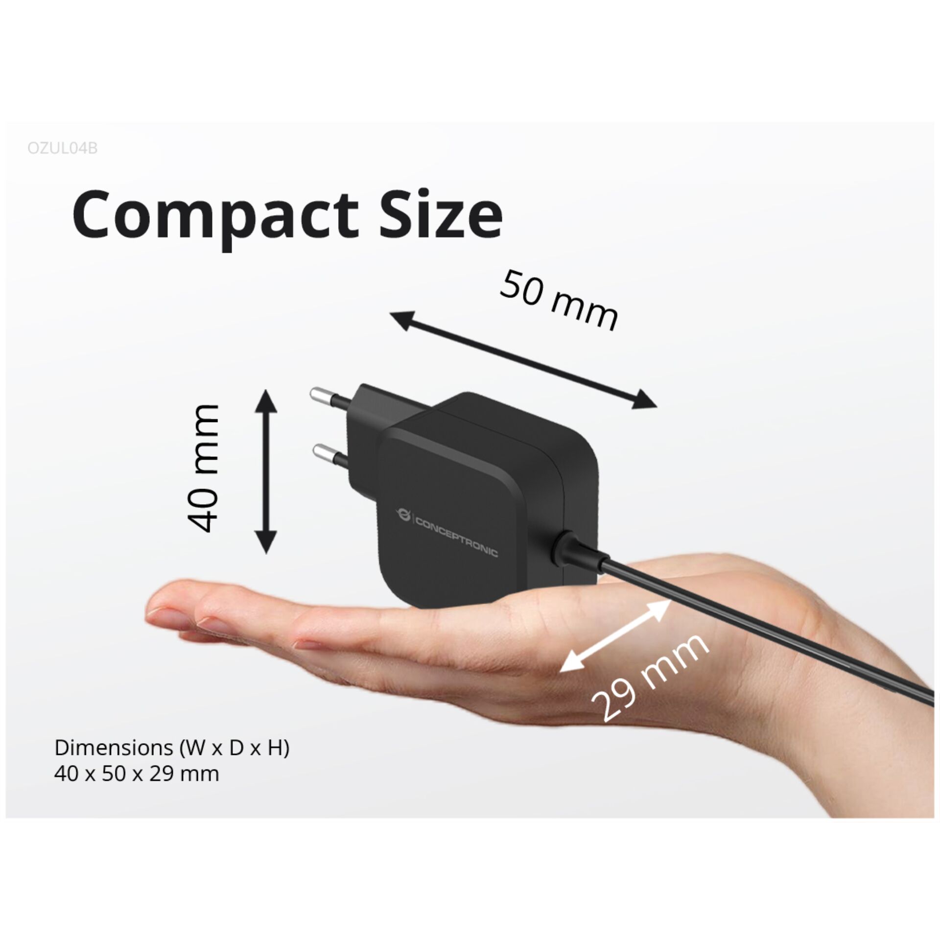 Kompakter Ladeadapter, Wandstecker, Abmessungen 40x50x29 mm, Adapter, Größenangaben 40 x 50 x 29 mm