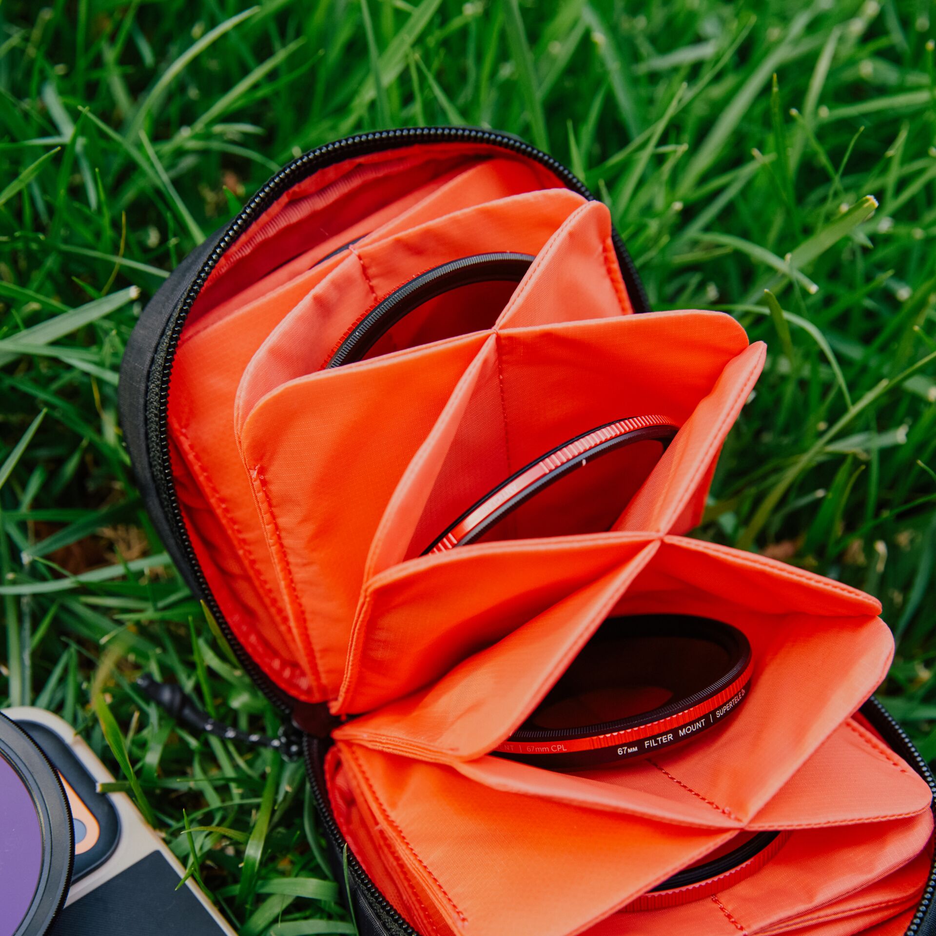 Kamera, Objektiv, Orange Tasche, Fächer, Brillen-/Kamerazubehör