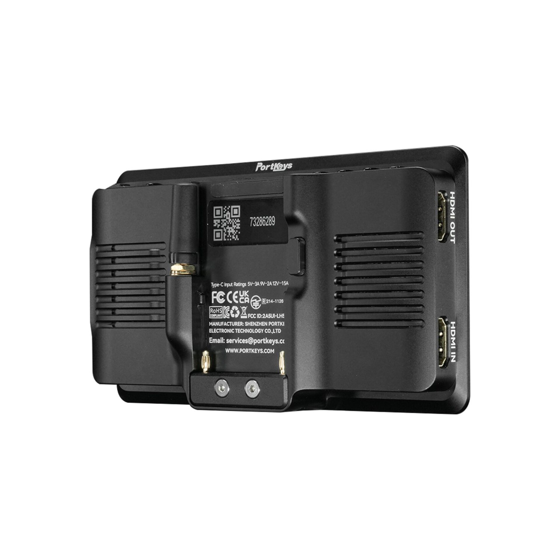 Kameramonitor, HDMI-Eingang, HDMI-Ausgang, USB-C-Stromversorgung, schwarzes Gehäuse