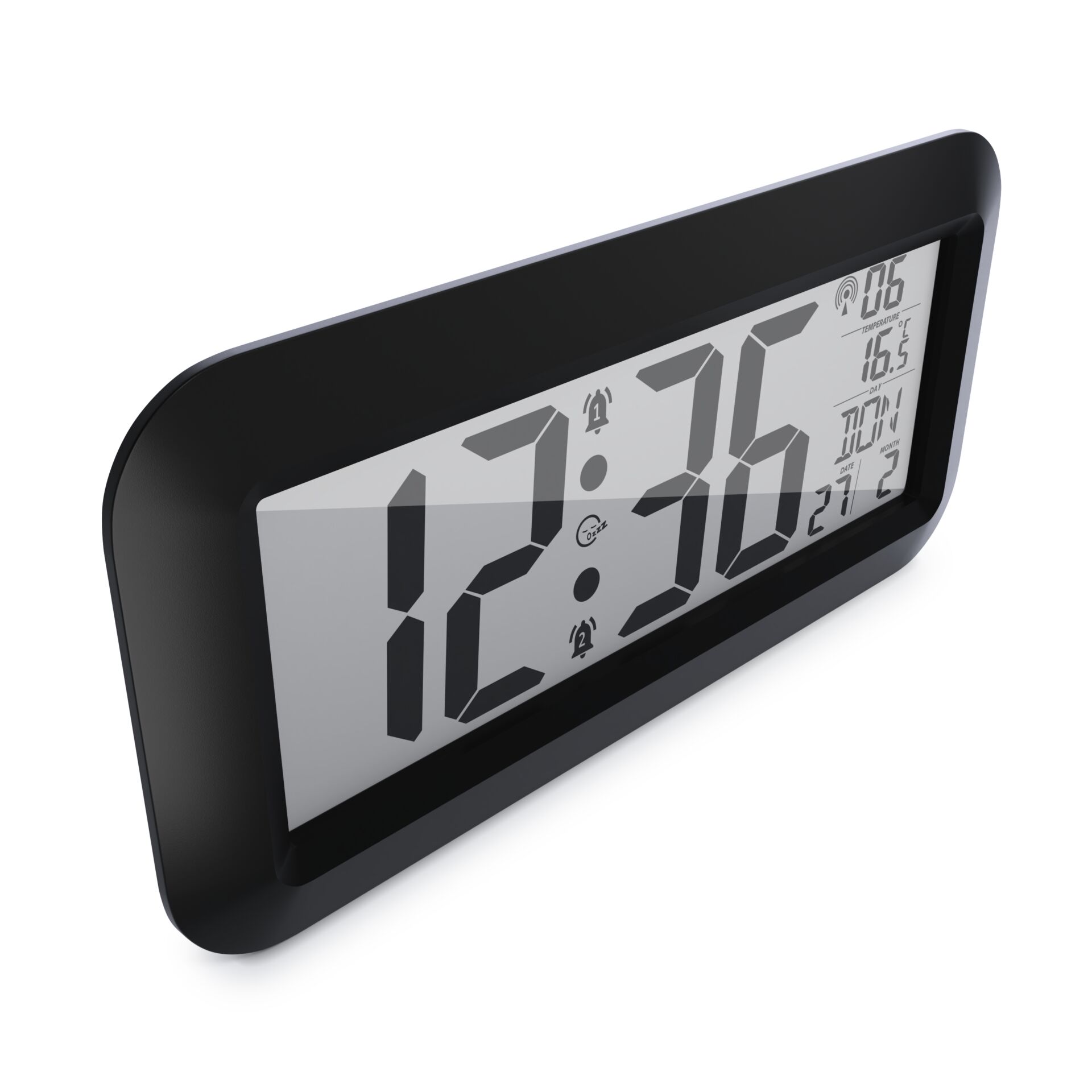 digital clock, alarm clock, LCD display, black frame, rectangular