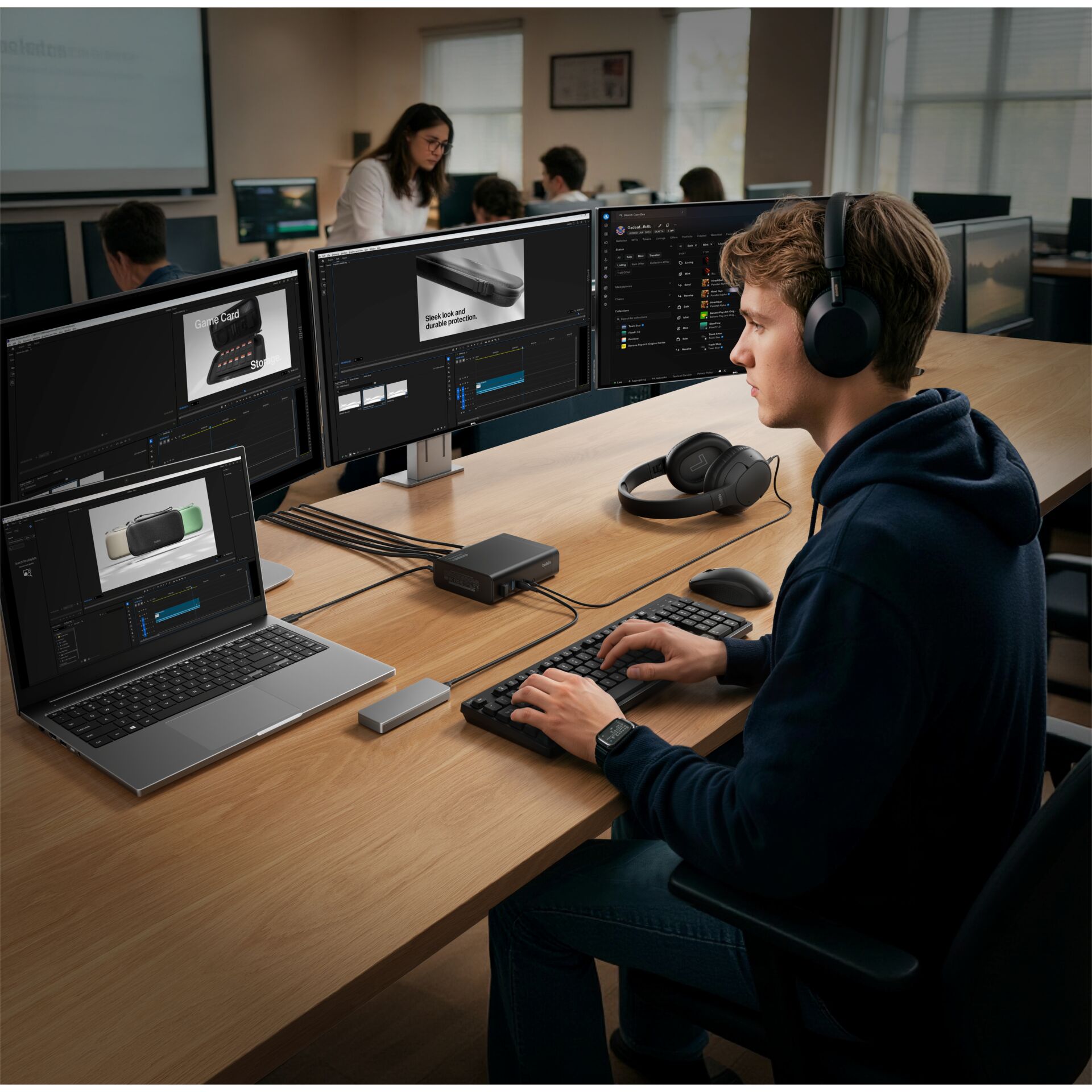 Arbeitsplatz, Desktop-Setup, Headset, Laptop, Monitoren