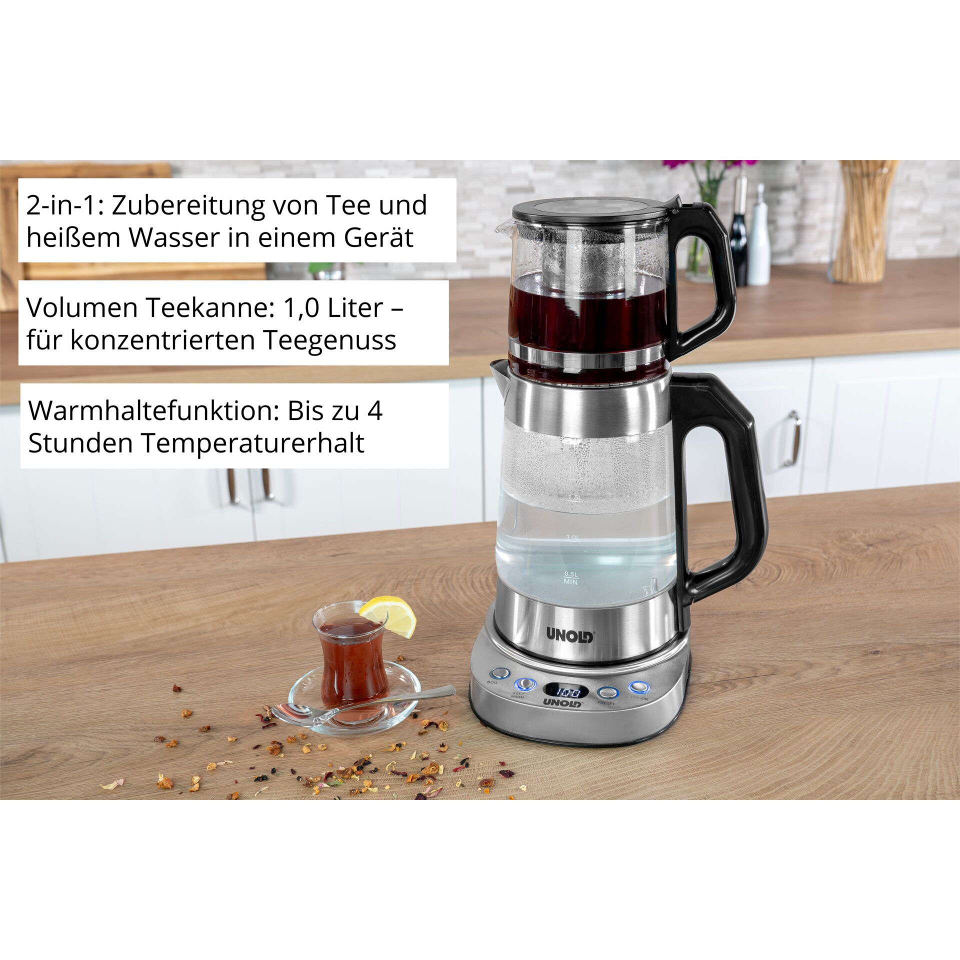 Teemaschine, Teekanne, Kaffee- bzw. Teebereiter, Glaskaraffe, Temperaturhalterung