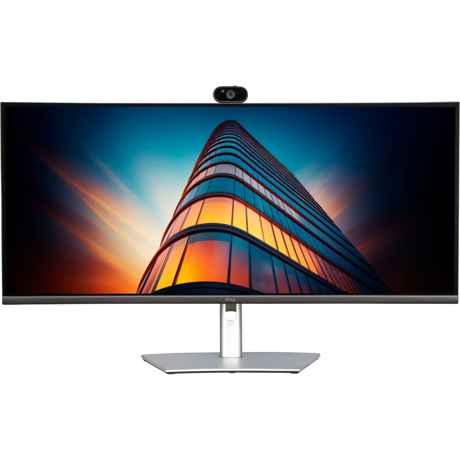 Ultrawide-Monitor, integrierte Webcam, gebogenes Display, schwarzer Rahmen, silberner Standfuß