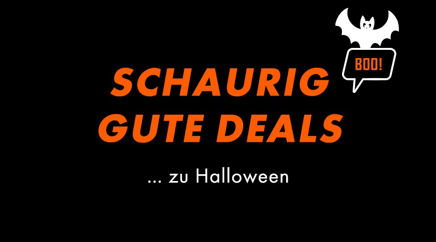 Halloween-Werbebanner, schwarzer Hintergrund, orange Schrift, Fledermaus, Sprechblase