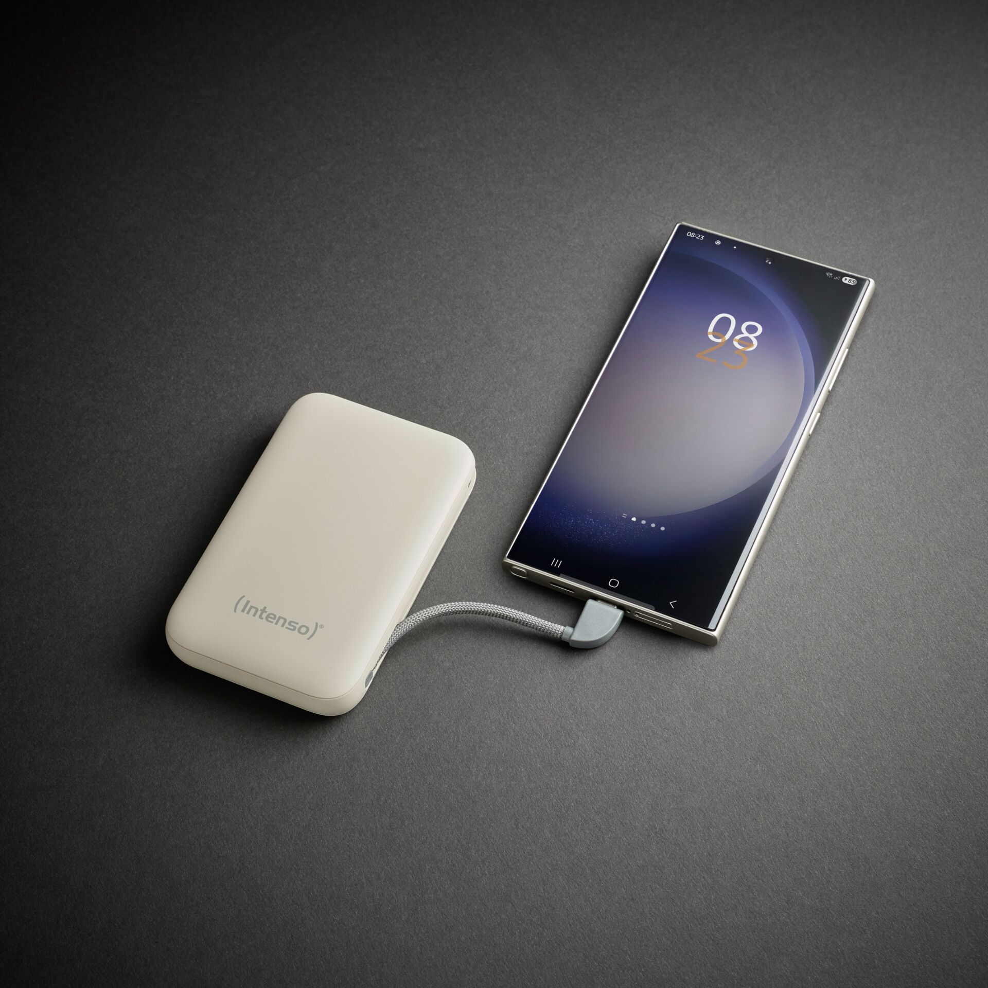 externer Akku, Powerbank, Ladegerät, Silber/Beige, Kabel gebunden