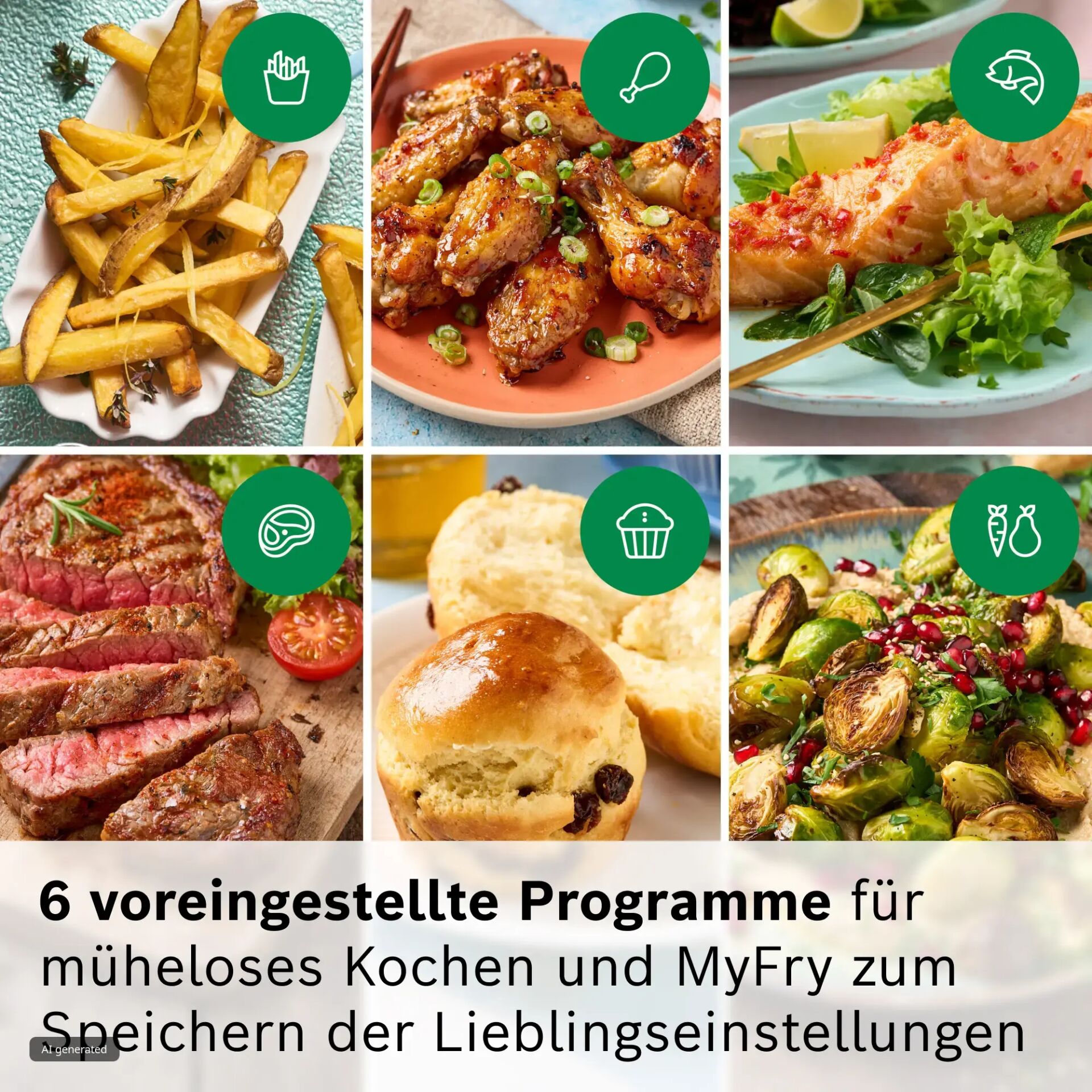 frites, ailettes, steak, brötchen, rosenkohl