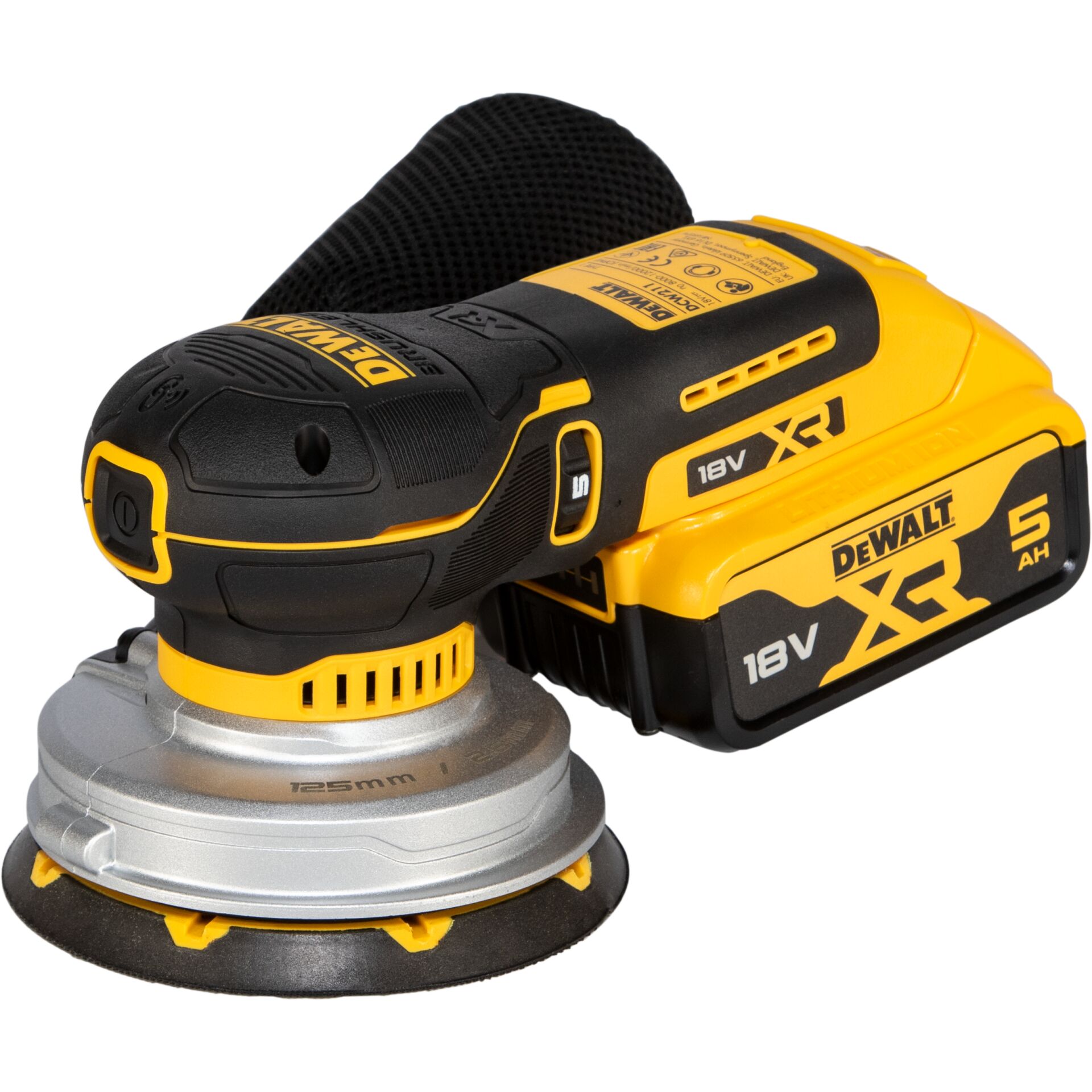 Akku Schleifer, 180 W, Nass-/Trockenschleifer, Auffangmanschette, DeWalt, Akku-Exzenterschleifer, 18-Volt-Akku, 125-mm-Schleifteller, Schwarz-gelb, 5-Ah-Akku