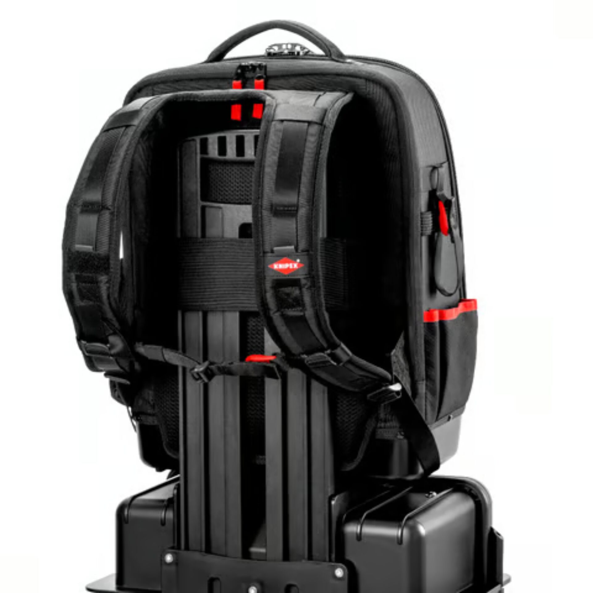 Werkzeugrucksack, Schwarz, Rot-schwarzes Design, Gepolsterte Schultergurte, Werkzeughalterung